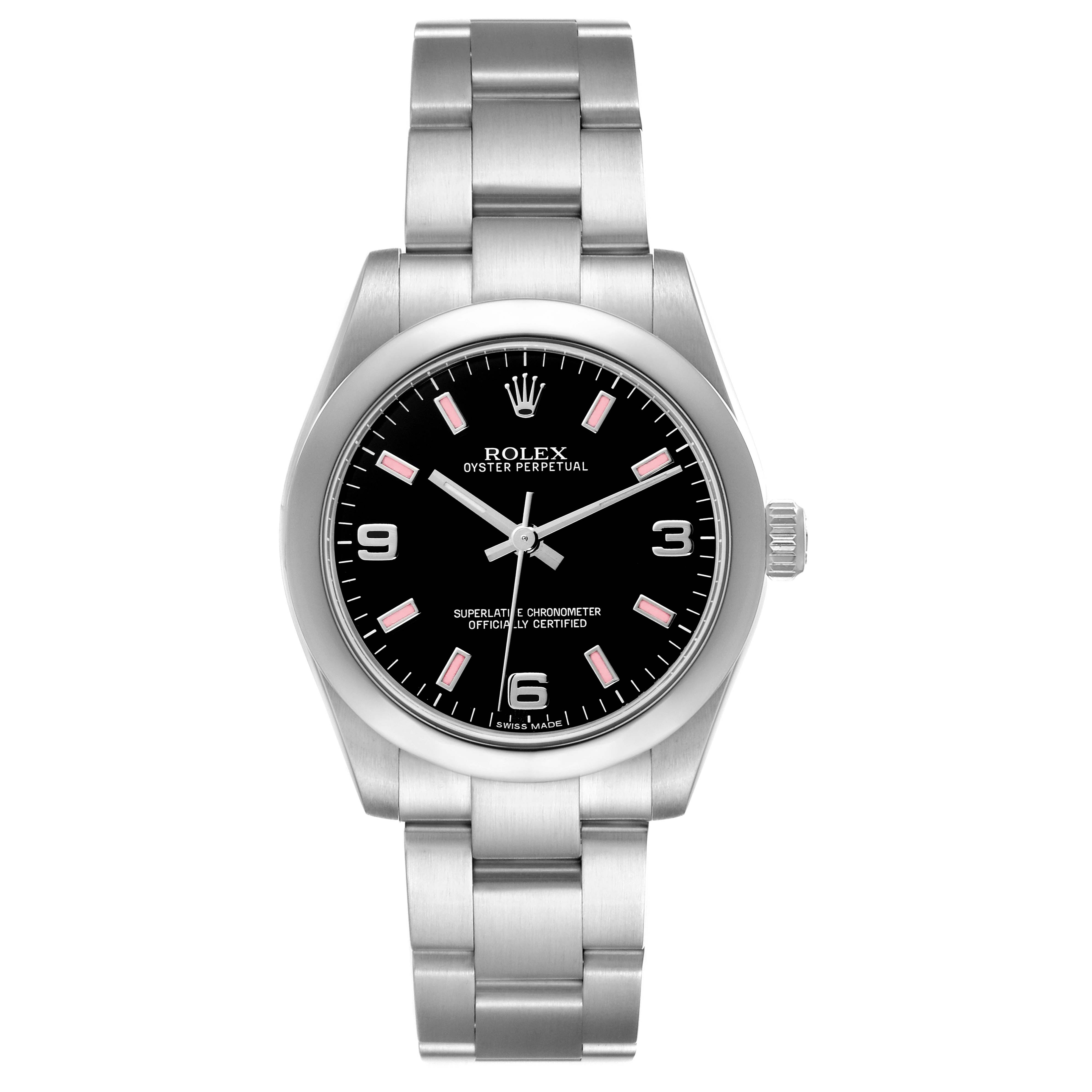 The Rolex Oyster Perpetual Mid-Size watch is shown from the front, displaying the dial, bezel, and stainless steel bracelet.