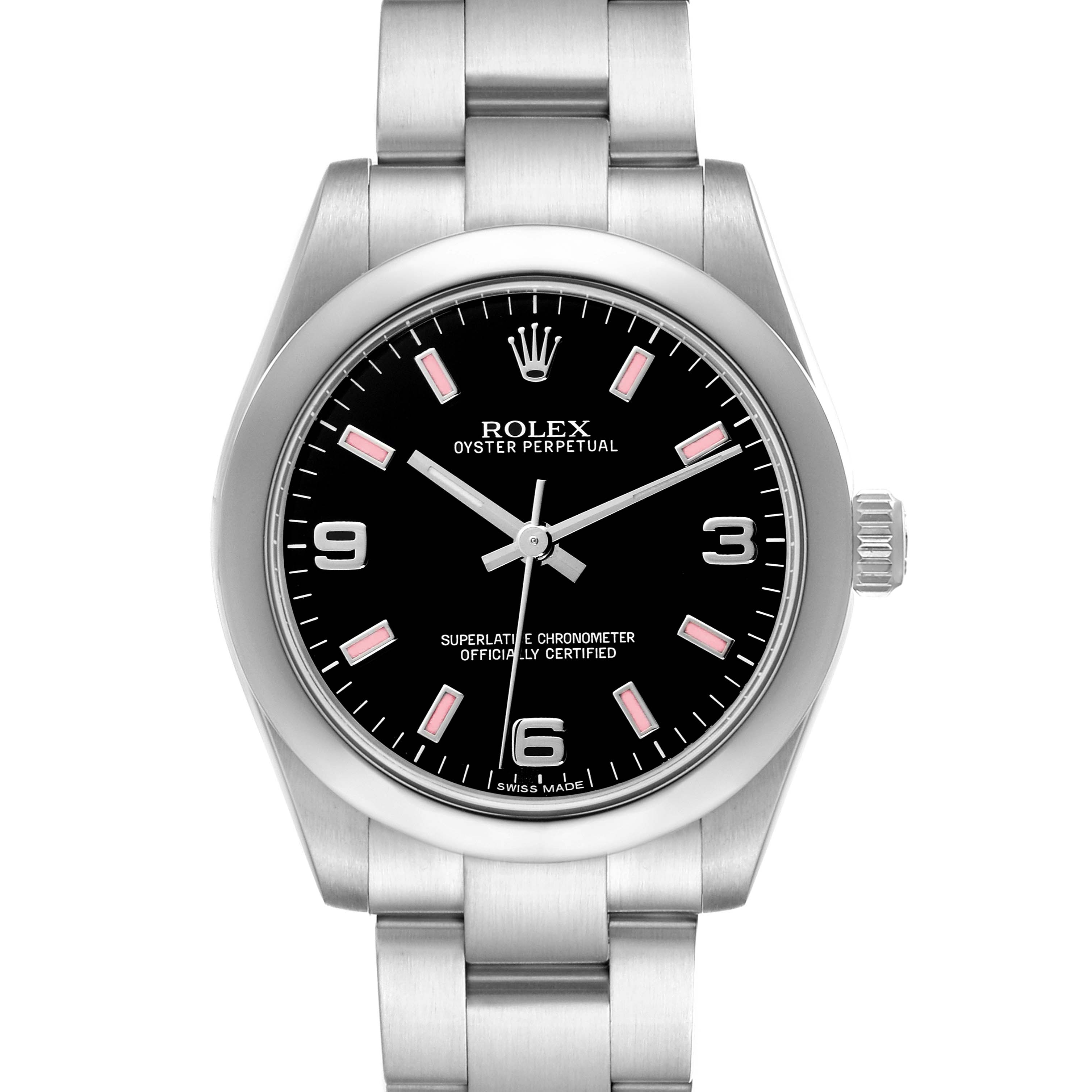 The Rolex Mid-Size 177200 Women's Stainless Steel Black Dial 177200 Women's Stainless Steel Black Dial Oyster Perpetual watch is shown from the front, displaying the dial, bezel, and bracelet.