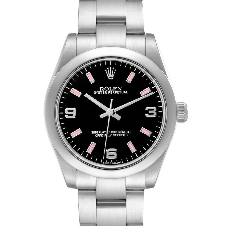 The Rolex Mid-Size Oyster Perpetual watch is shown from the front, displaying the dial, bezel, and bracelet.