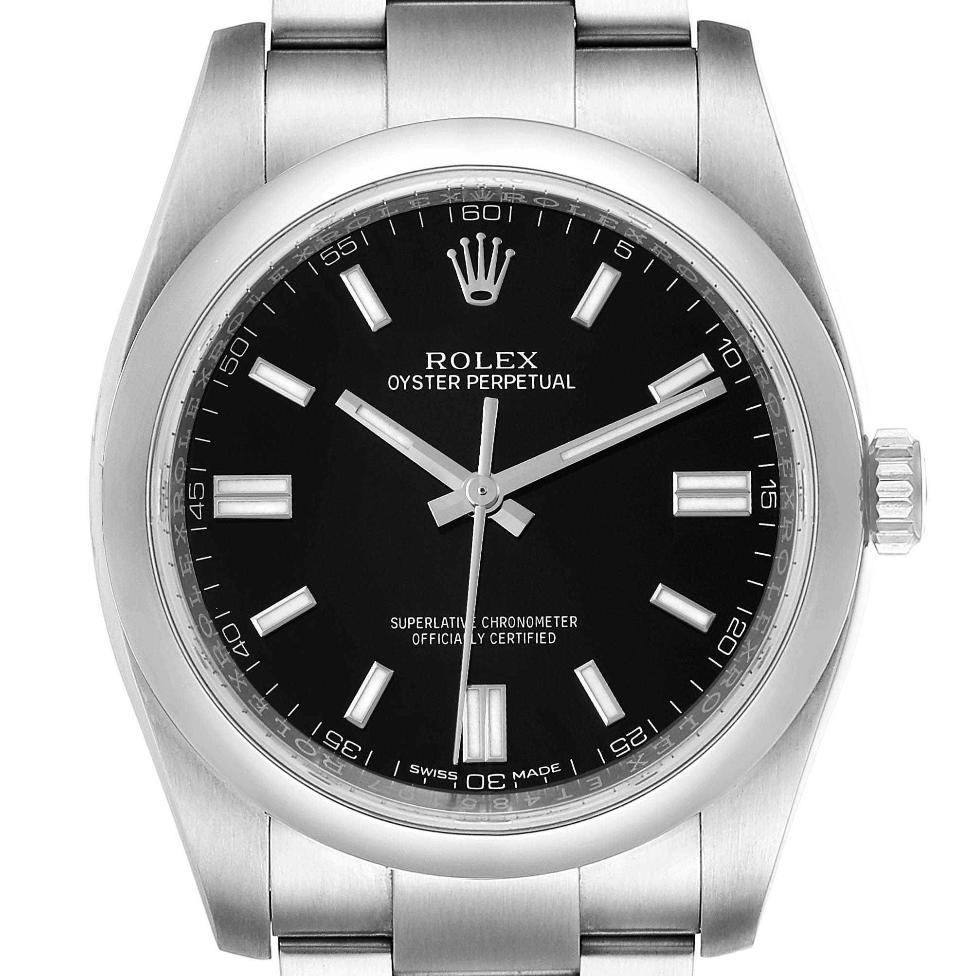 This image shows a front view of the Rolex Oyster Perpetual 116000 Men
s Stainless Steel Black Dial 116000 Men
s Stainless Steel Black Dial watch, highlighting its dial, hands, and bracelet.