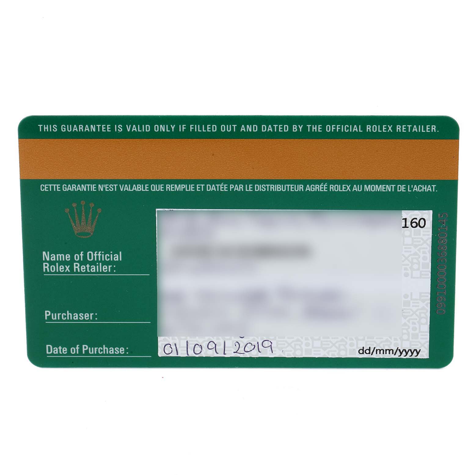 This image shows a warranty card for a Rolex Oyster Perpetual 116000 Men
s Stainless Steel Black Dial 116000 Men
s Stainless Steel Black Dial watch.