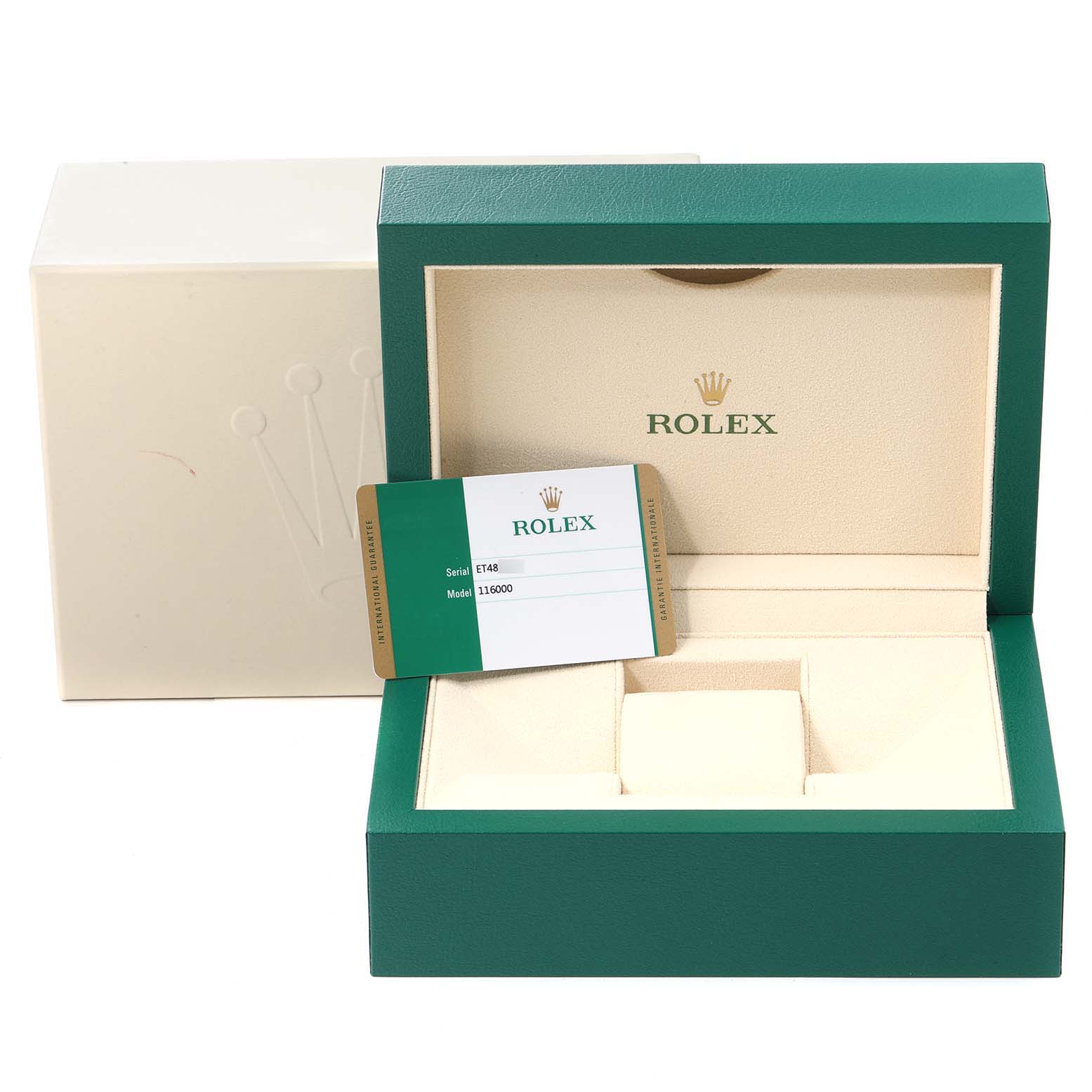 The image shows an open Rolex Oyster Perpetual 116000 Men
s Stainless Steel Black Dial 116000 Men
s Stainless Steel Black Dial watch box with an Best Quality
ity card placed inside.