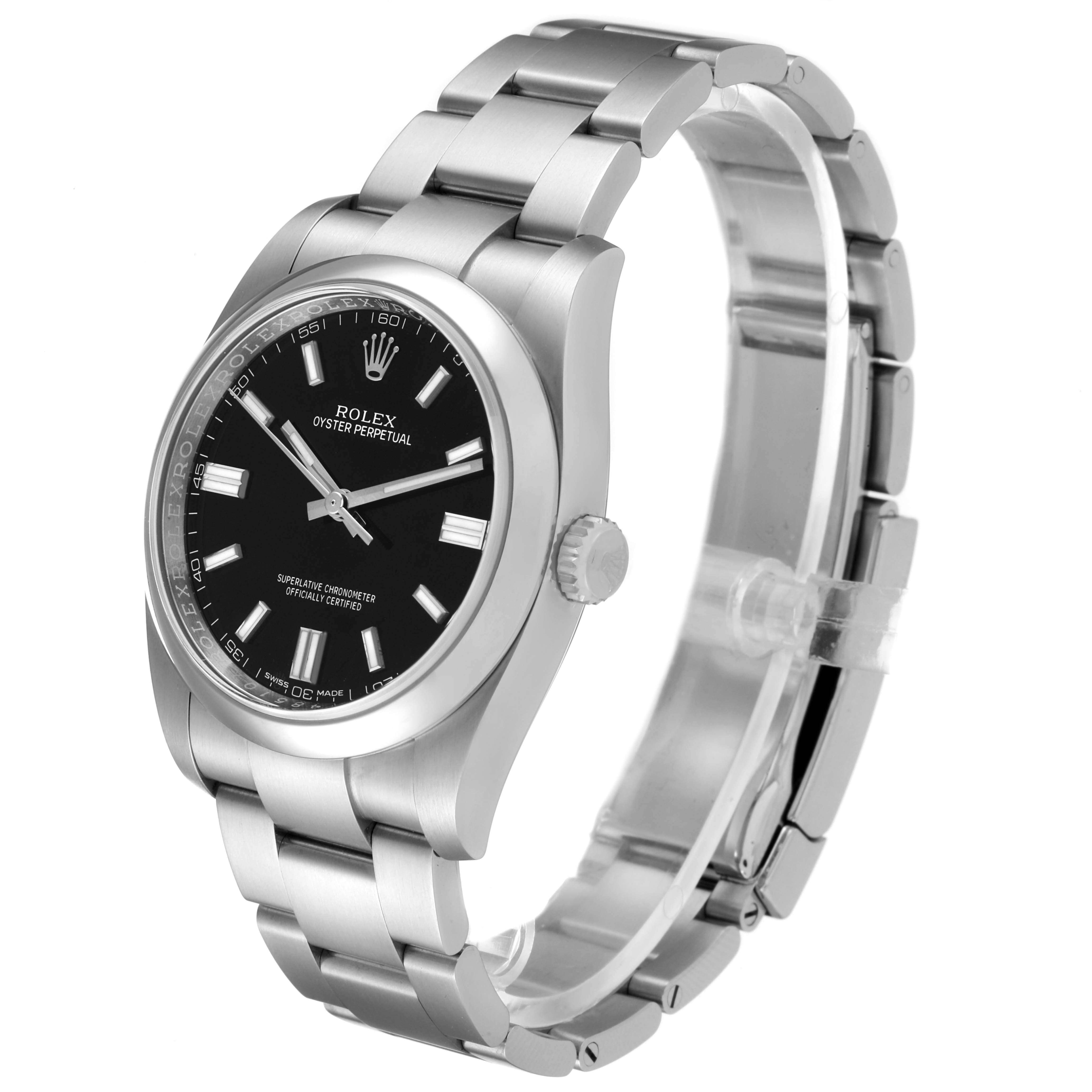 The image shows a Rolex Oyster Perpetual 116000 Men
s Stainless Steel Black Dial 116000 Men
s Stainless Steel Black Dial watch from an angled side view, highlighting the stainless steel case, black dial, and bracelet.
