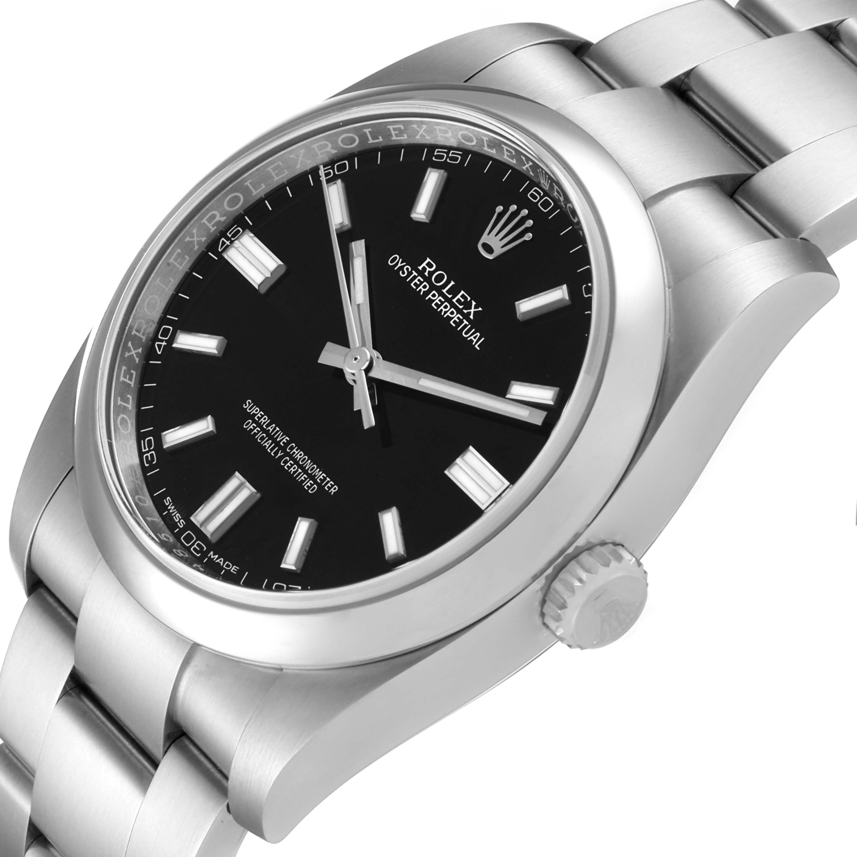 The image shows a Rolex Oyster Perpetual 116000 Men
s Stainless Steel Black Dial 116000 Men
s Stainless Steel Black Dial watch at an angled close-up, highlighting the dial, crown, and bracelet.
