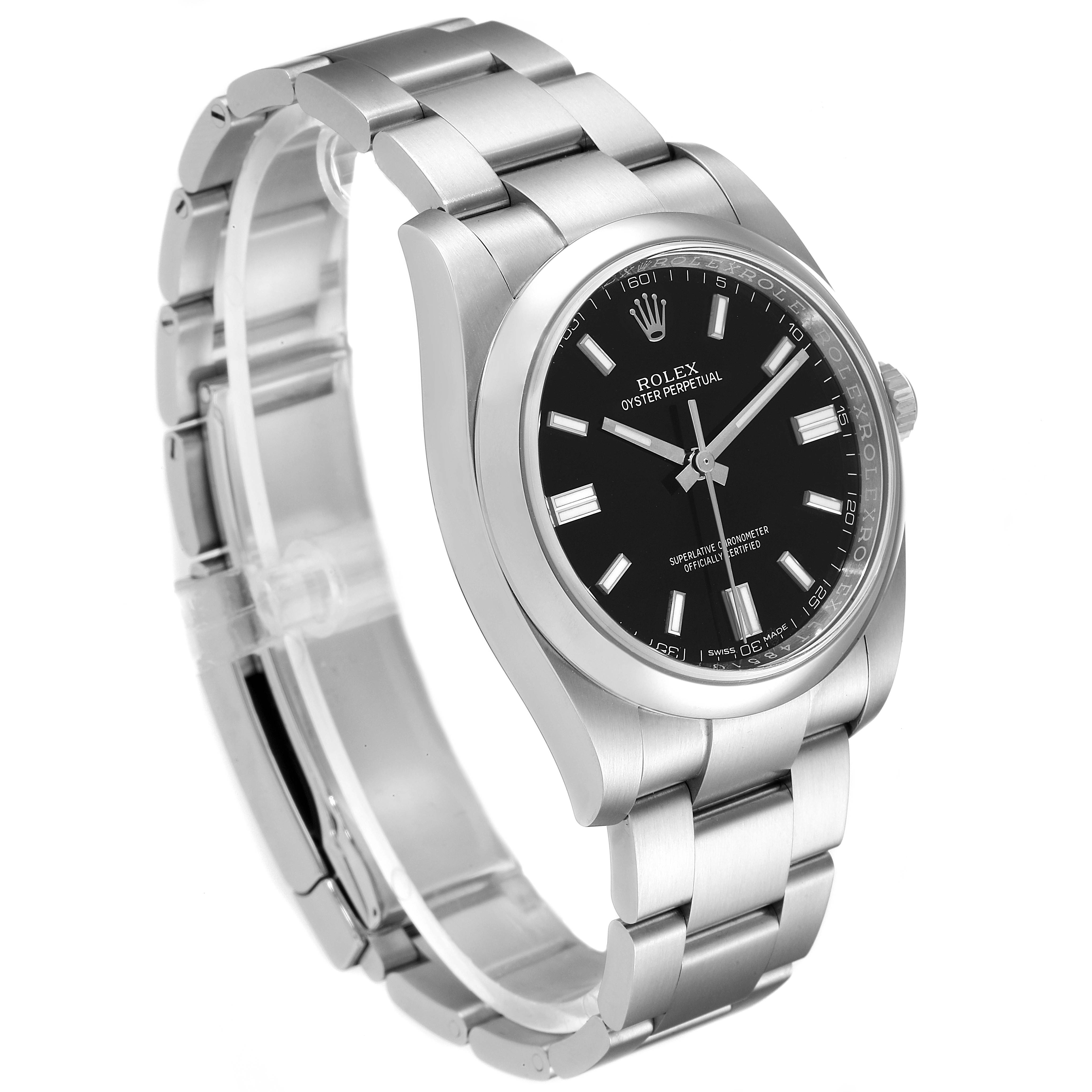 The Rolex Oyster Perpetual 116000 Men
s Stainless Steel Black Dial 116000 Men
s Stainless Steel Black Dial watch is shown at a three-quarter angle, highlighting the bracelet, bezel, and black dial.