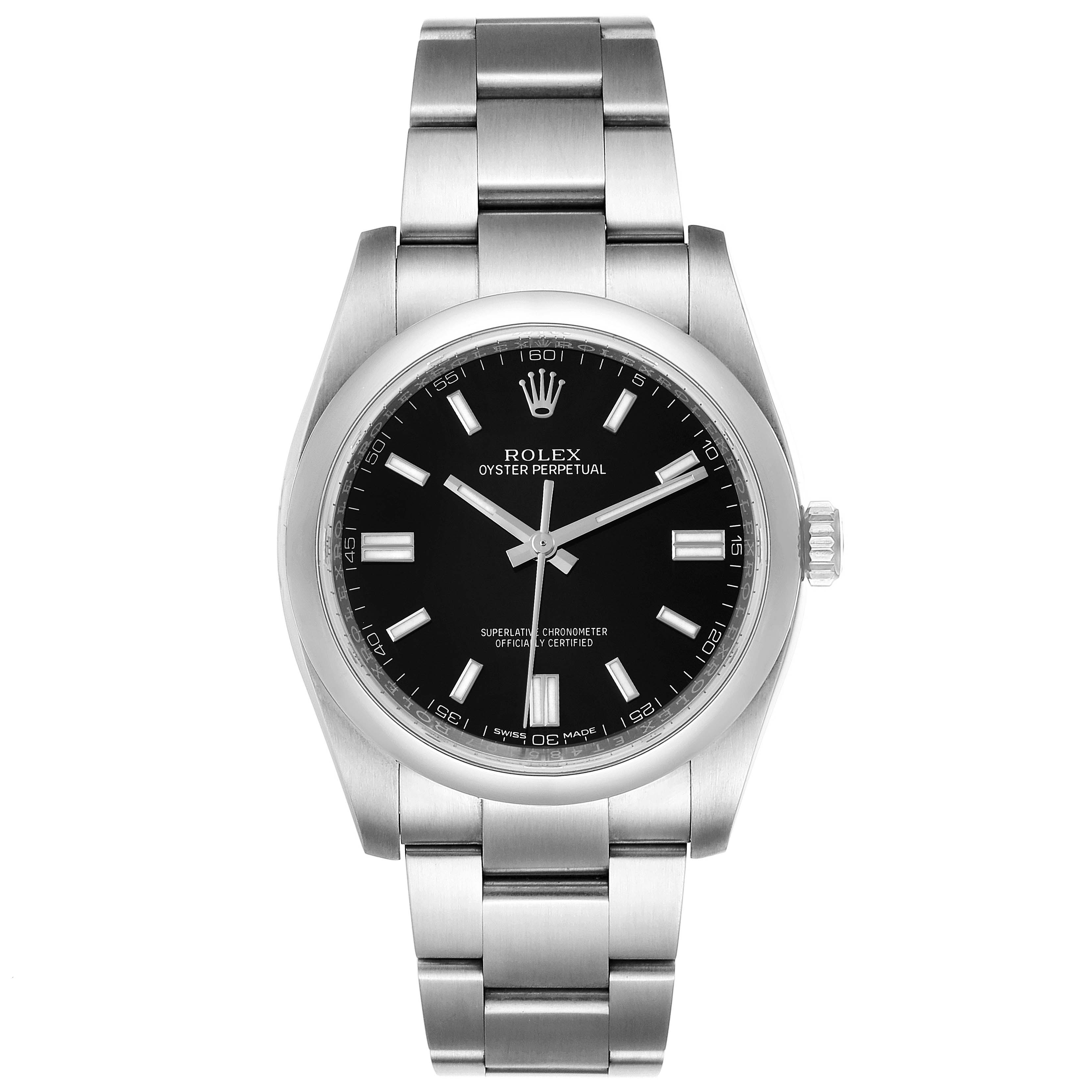 This image shows a front view of a Rolex Oyster Perpetual 116000 Men
s Stainless Steel Black Dial 116000 Men
s Stainless Steel Black Dial watch, featuring its black dial, stainless steel case, and bracelet.