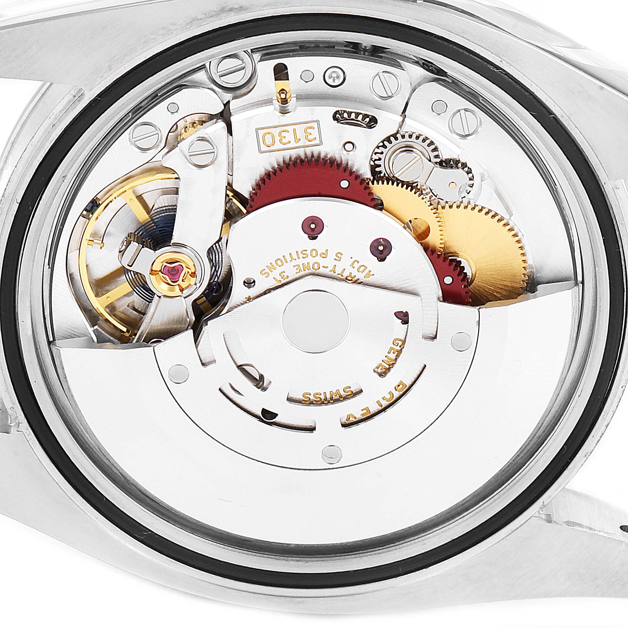 This image shows the internal mechanical movement of a Rolex Oyster Perpetual 116000 Men
s Stainless Steel Black Dial 116000 Men
s Stainless Steel Black Dial watch from a top-down angle.