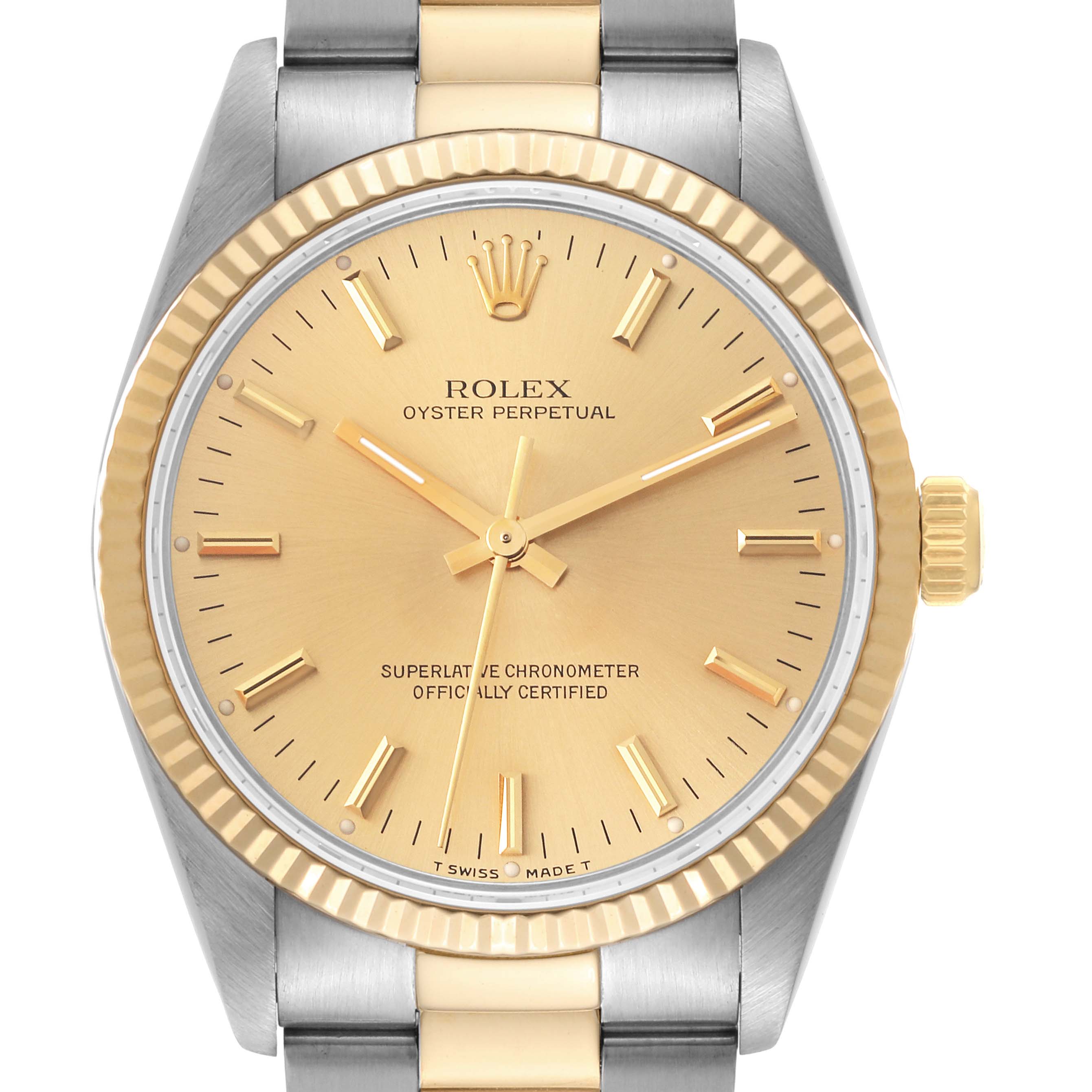 This image shows a front view of a Rolex Oyster Perpetual 14233 Men's Stainless Steel Champagne Dial 14233 Men's Stainless Steel Champagne Dial watch, highlighting the dial, bezel, crown, and part of the bracelet.