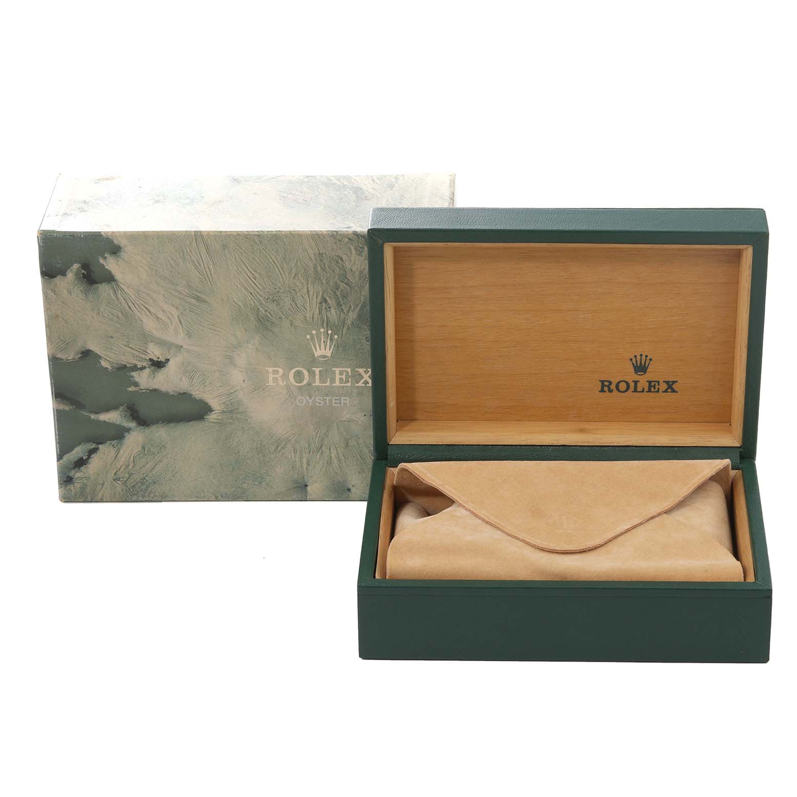 This image shows the box and packaging for the Rolex Oyster Perpetual 14233 Men's Stainless Steel Champagne Dial 14233 Men's Stainless Steel Champagne Dial watch, with the box lid open and a leather pouch inside.