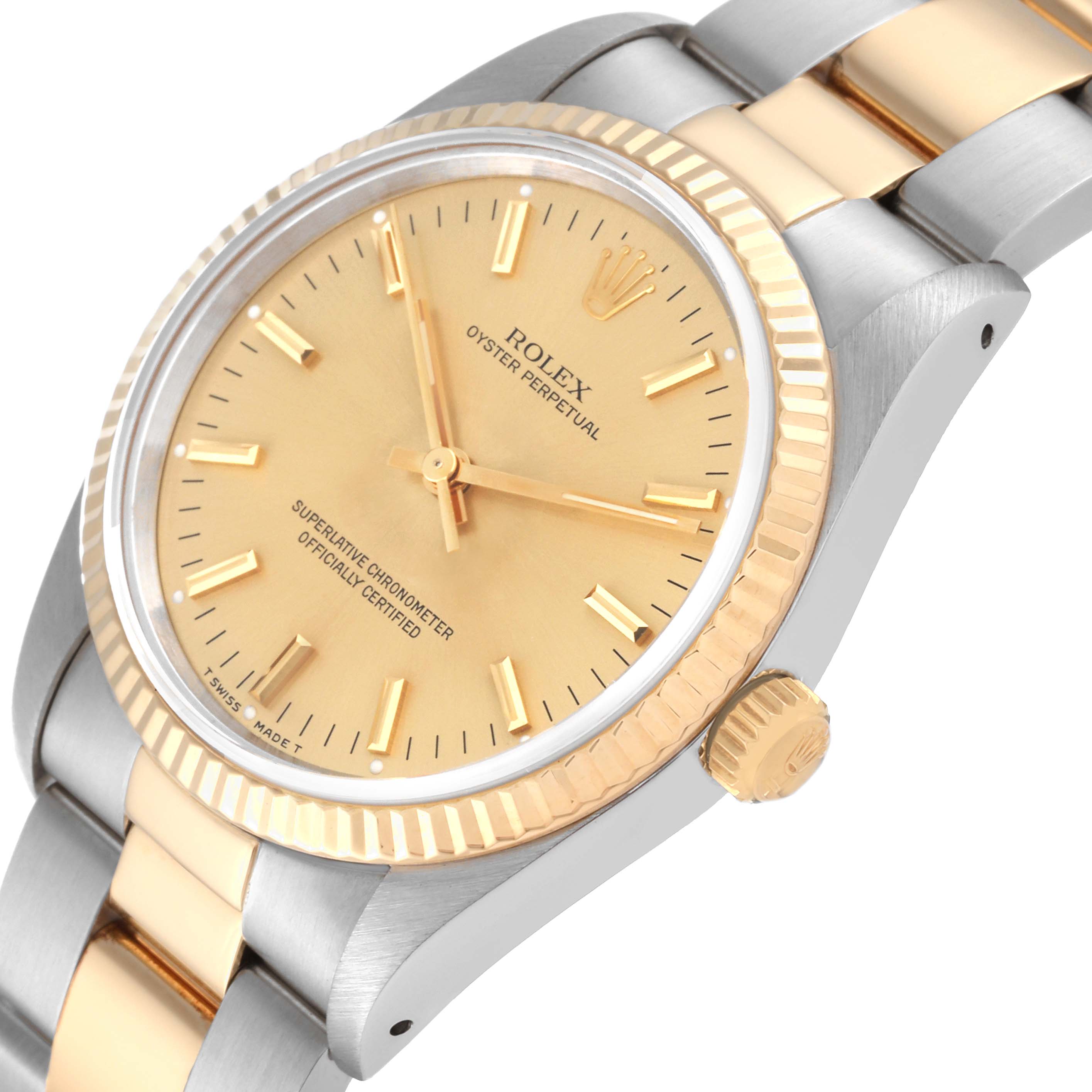 The image shows a Rolex Oyster Perpetual 14233 Men's Stainless Steel Champagne Dial 14233 Men's Stainless Steel Champagne Dial watch at an angled view, highlighting the case, dial, crown, and part of the bracelet.