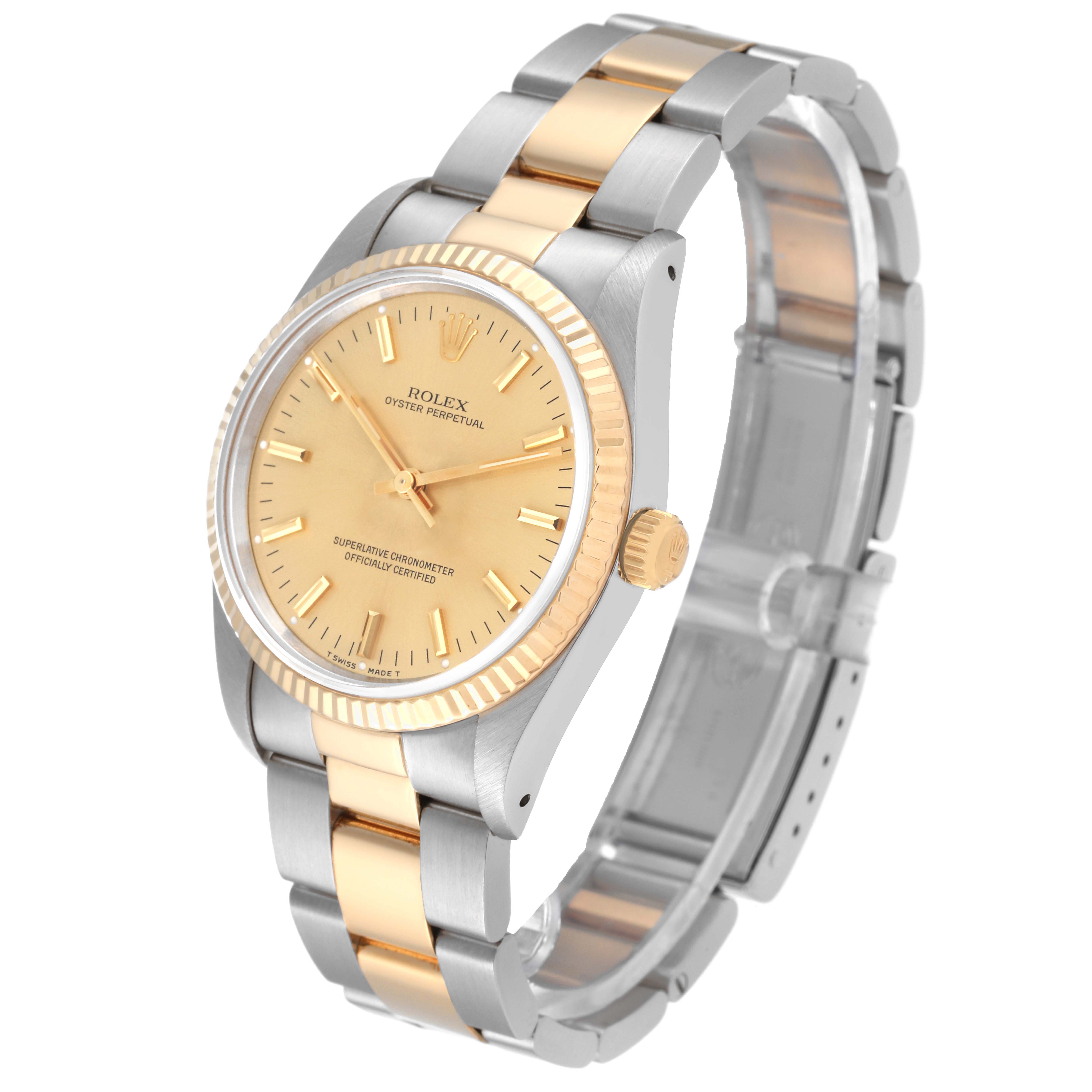 The image shows a side angle of the Rolex Oyster Perpetual 14233 Men's Stainless Steel Champagne Dial 14233 Men's Stainless Steel Champagne Dial watch, featuring its dial, case, and bracelet.