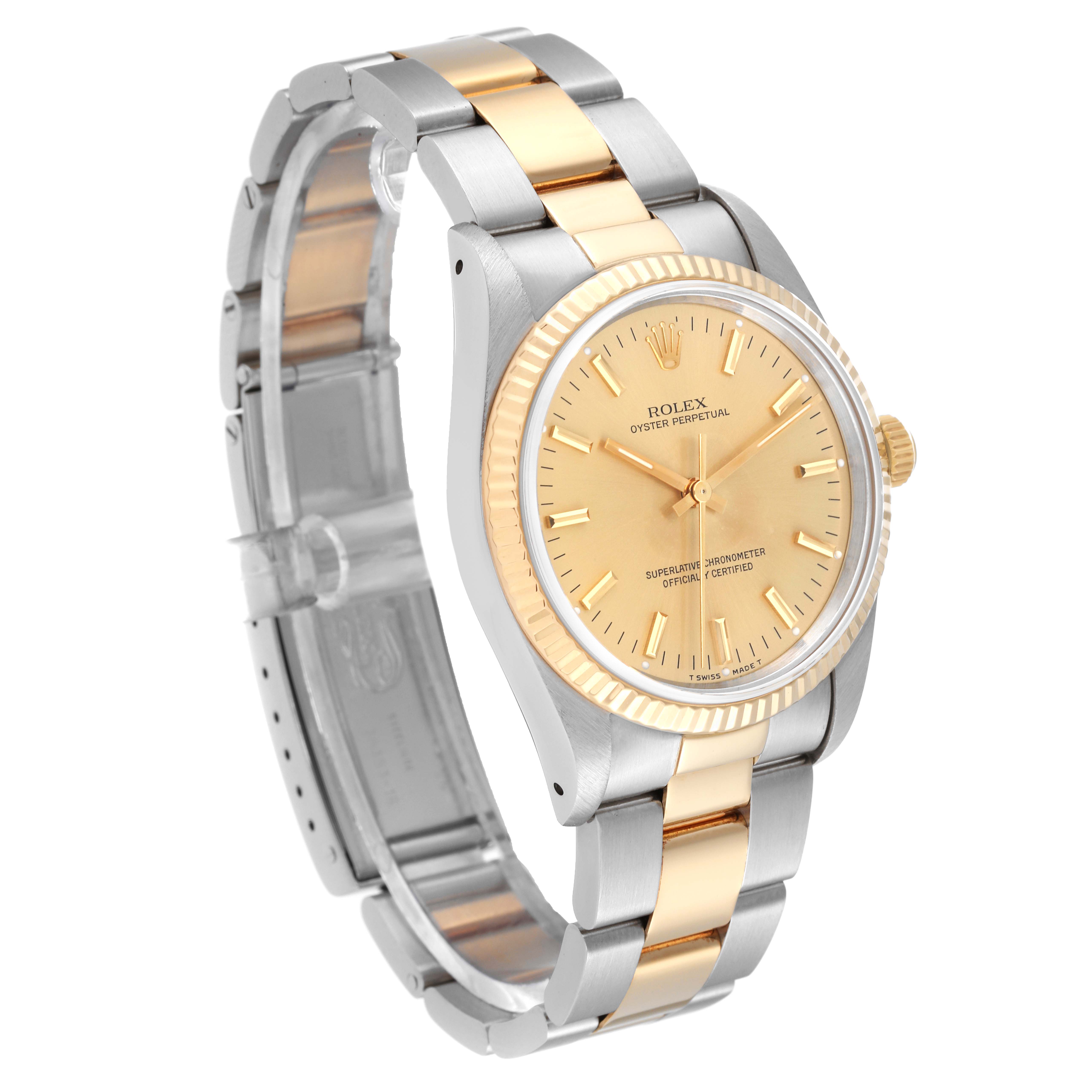 The image shows a Rolex Oyster Perpetual 14233 Men's Stainless Steel Champagne Dial 14233 Men's Stainless Steel Champagne Dial watch at a three-quarter angle, highlighting the dial, hands, and bracelet.