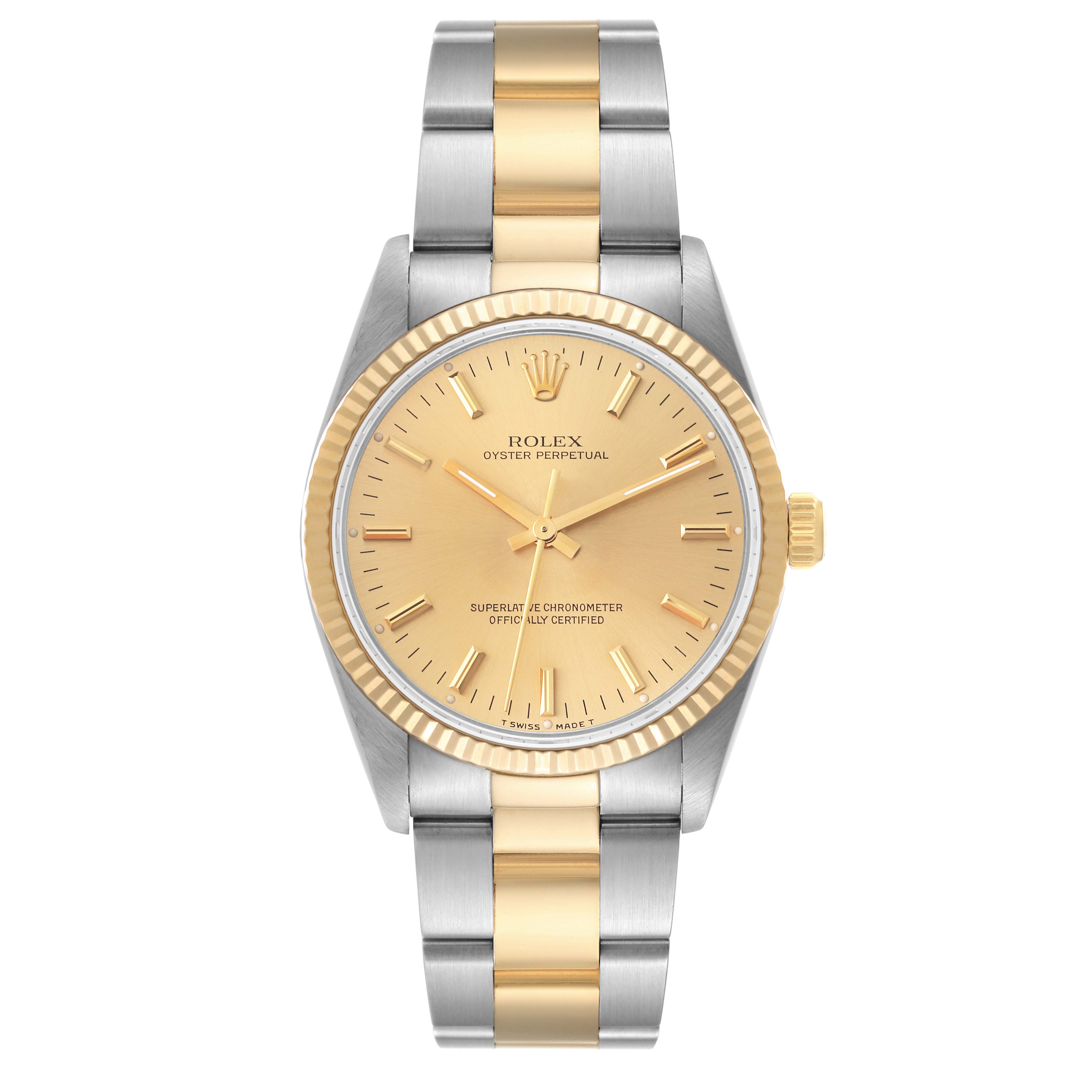 The image shows a front view of a Rolex Oyster Perpetual 14233 Men's Stainless Steel Champagne Dial 14233 Men's Stainless Steel Champagne Dial watch with a gold and silver two-tone bracelet.