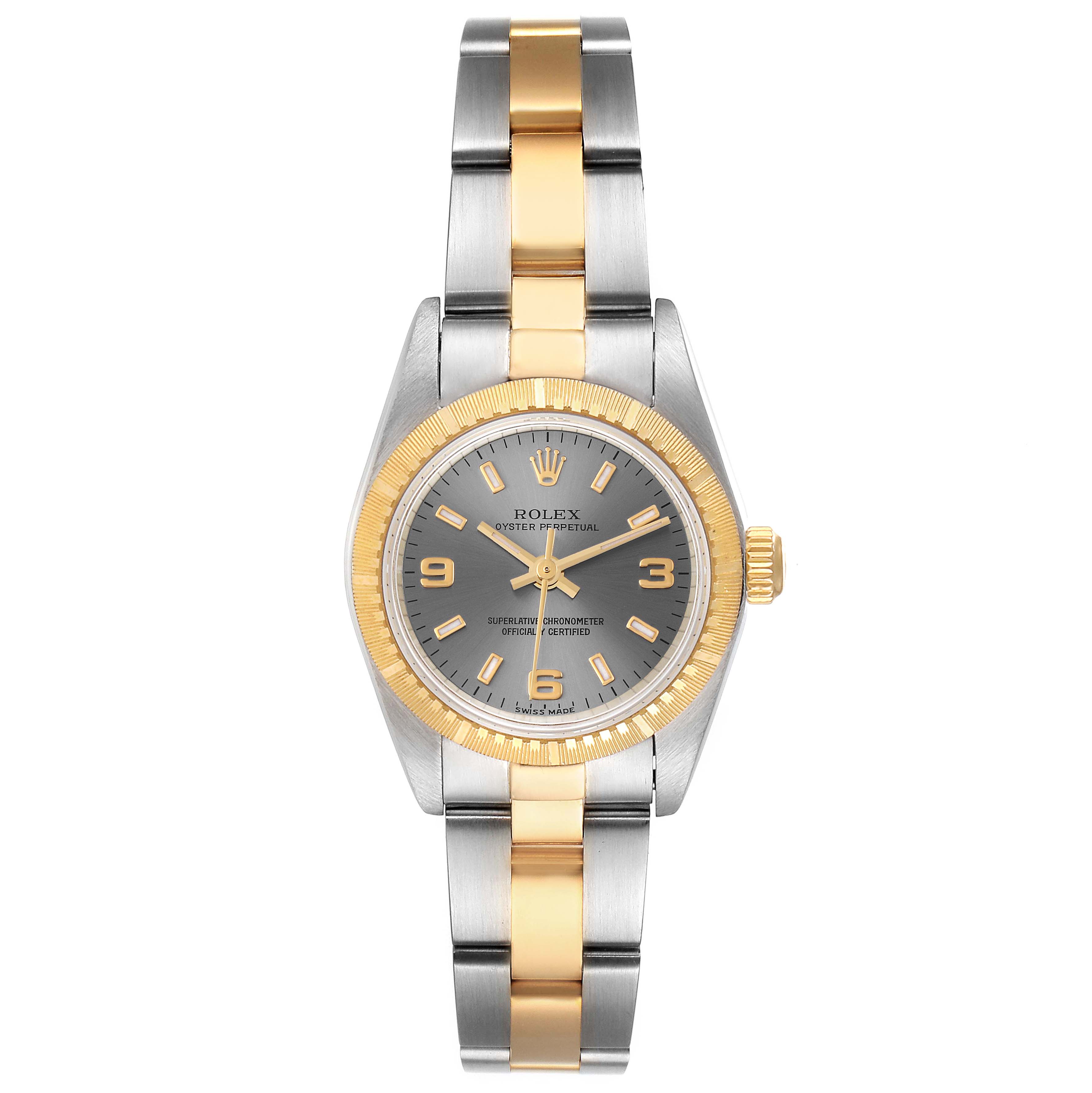 The image shows a front view of a two-tone Rolex Oyster Perpetual 76243 Women's Steel and Gold (two tone) Grey Dial 76243 Women's Steel and Gold (two tone) Grey Dial watch, highlighting its dial, bezel, and bracelet.