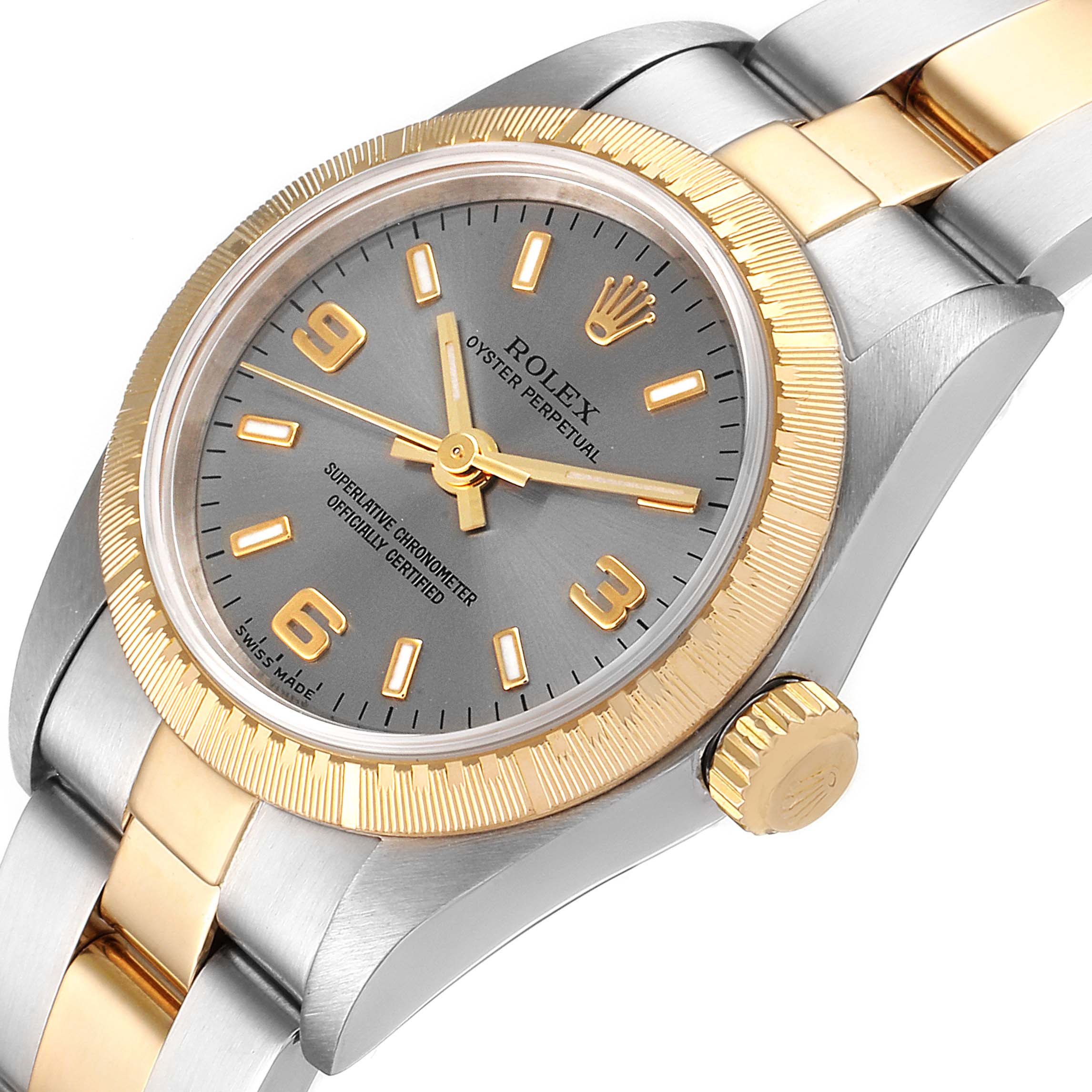 The image shows a close-up angled view of a Rolex Oyster Perpetual 76243 Women's Steel and Gold (two tone) Grey Dial 76243 Women's Steel and Gold (two tone) Grey Dial watch, highlighting its dial, bezel, and part of the bracelet.
