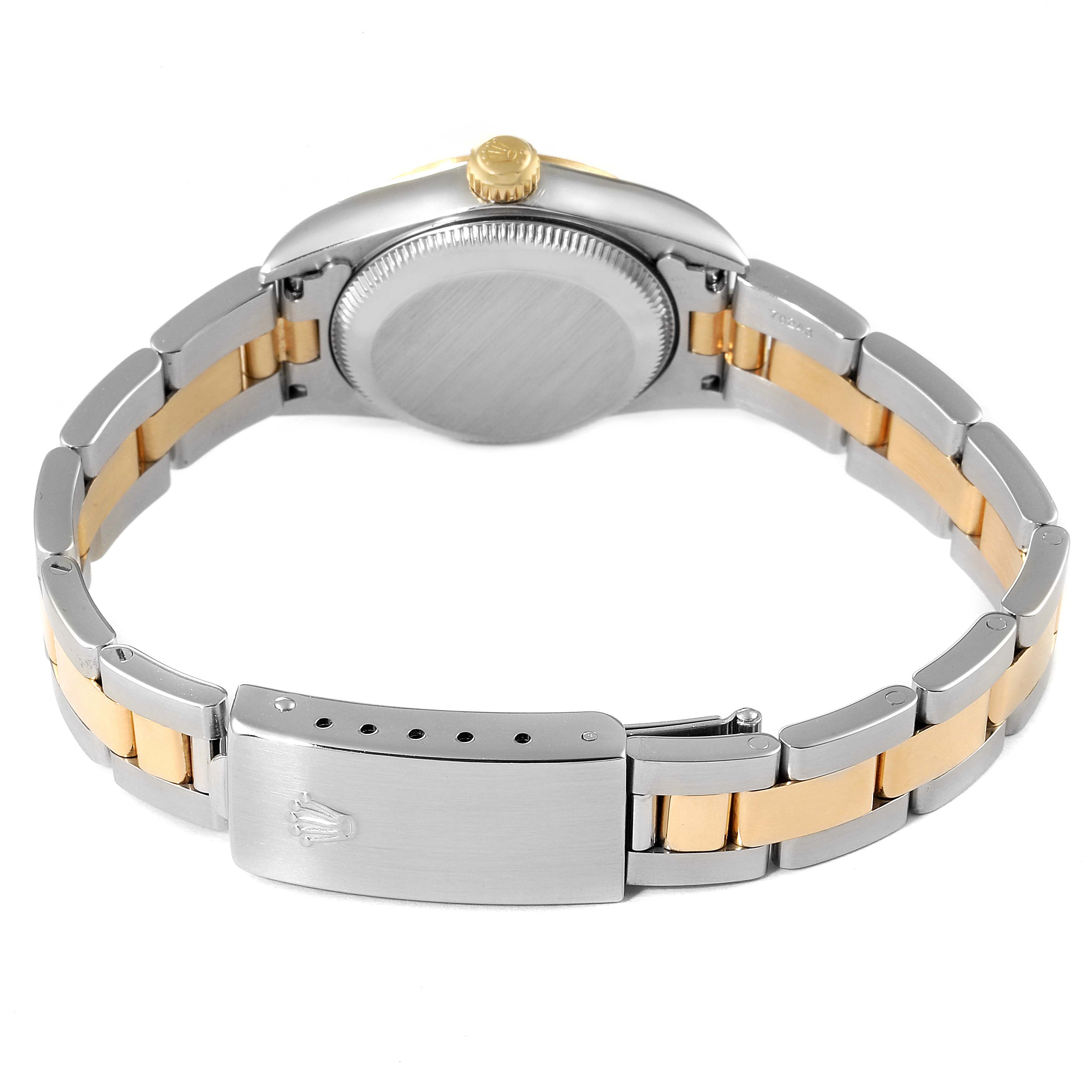 The image shows the back of a Rolex Oyster Perpetual 76243 Women's Steel and Gold (two tone) Grey Dial 76243 Women's Steel and Gold (two tone) Grey Dial watch, highlighting the bracelet, clasp, and case back.