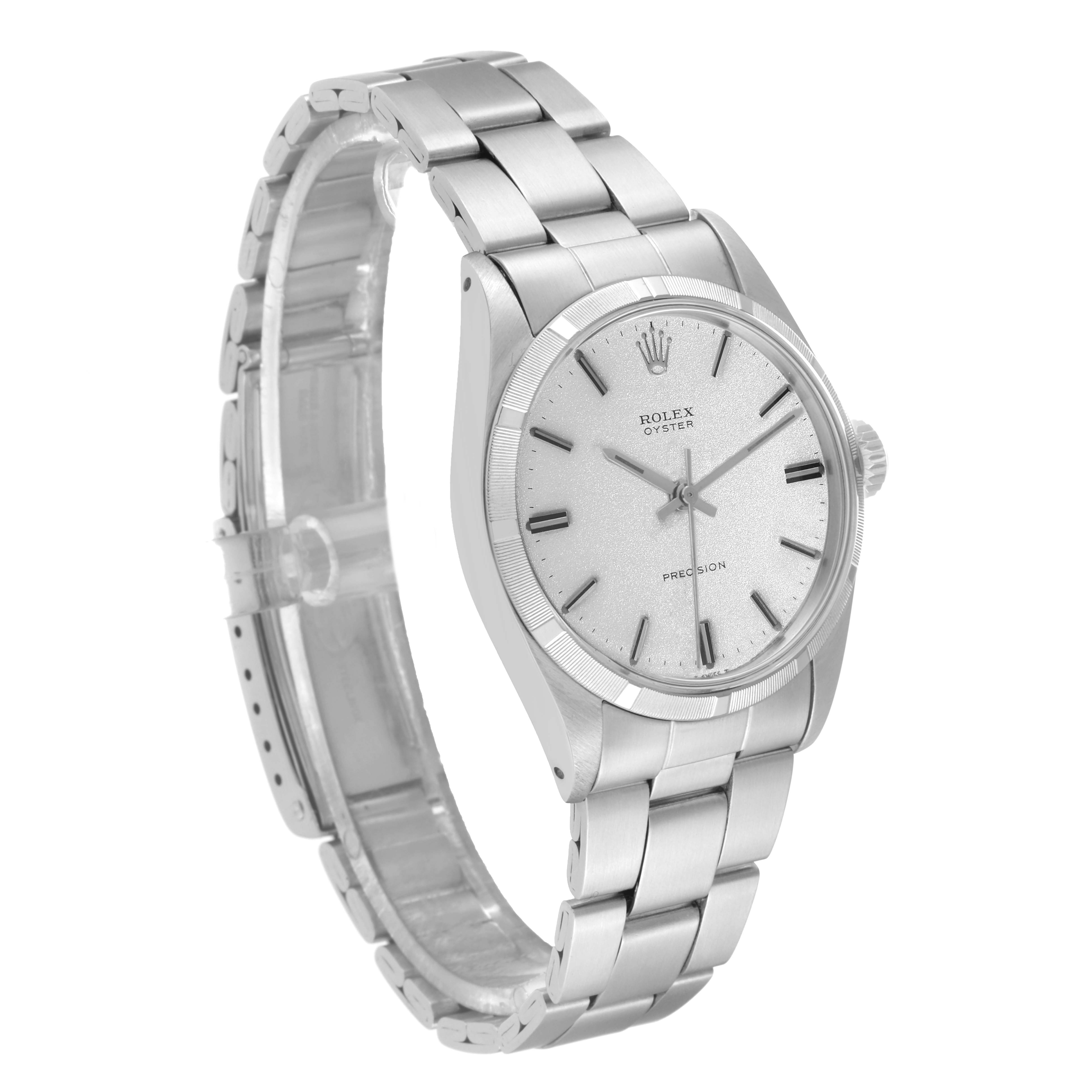 The Rolex Vintage Collection 6427 Men's Stainless Steel Silver Dial watch is shown from a front-side angle, displaying the face, bezel, and bracelet.