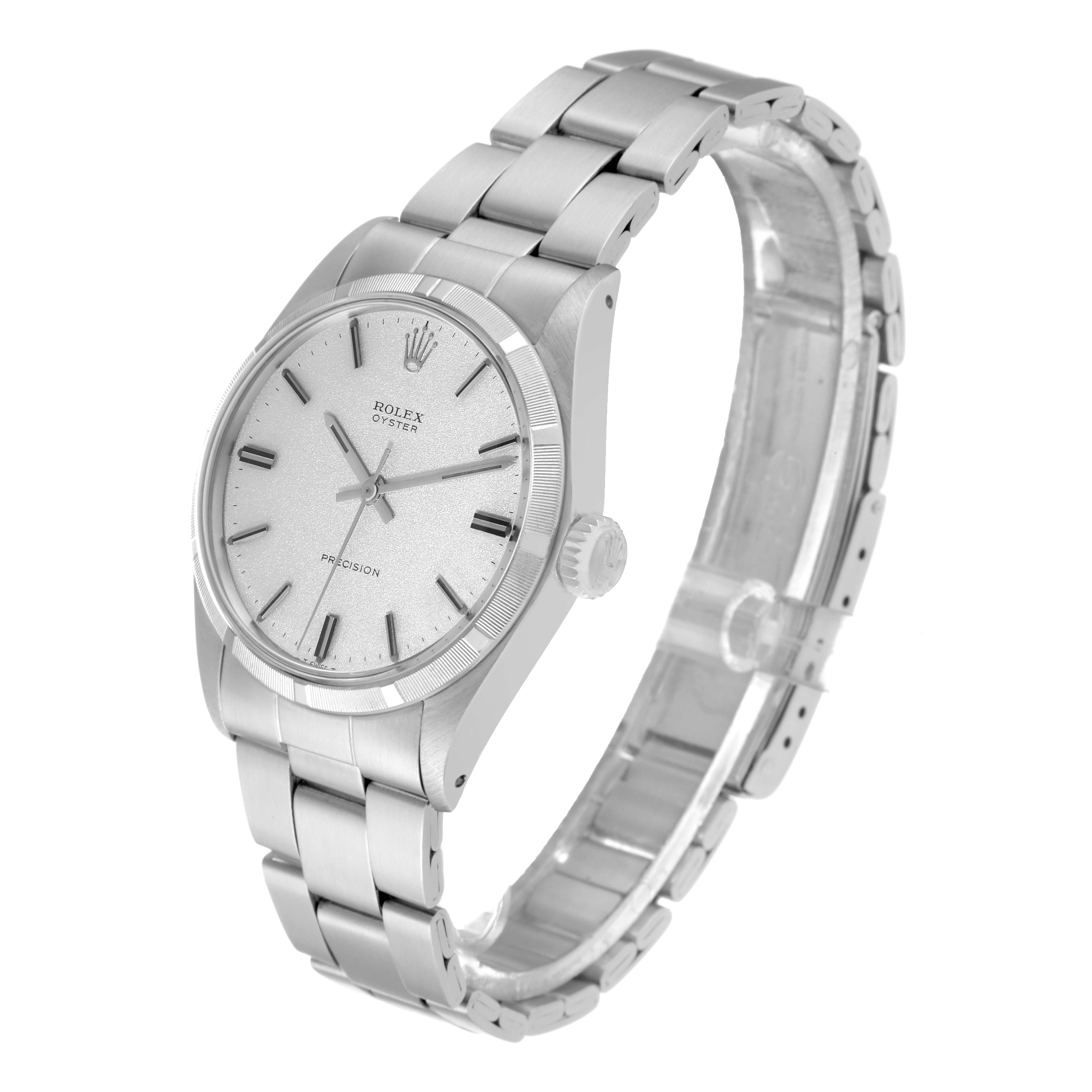 The Rolex Vintage Collection 6427 Men's Stainless Steel Silver Dial watch is shown at an angled view, displaying the face, bezel, crown, and bracelet.
