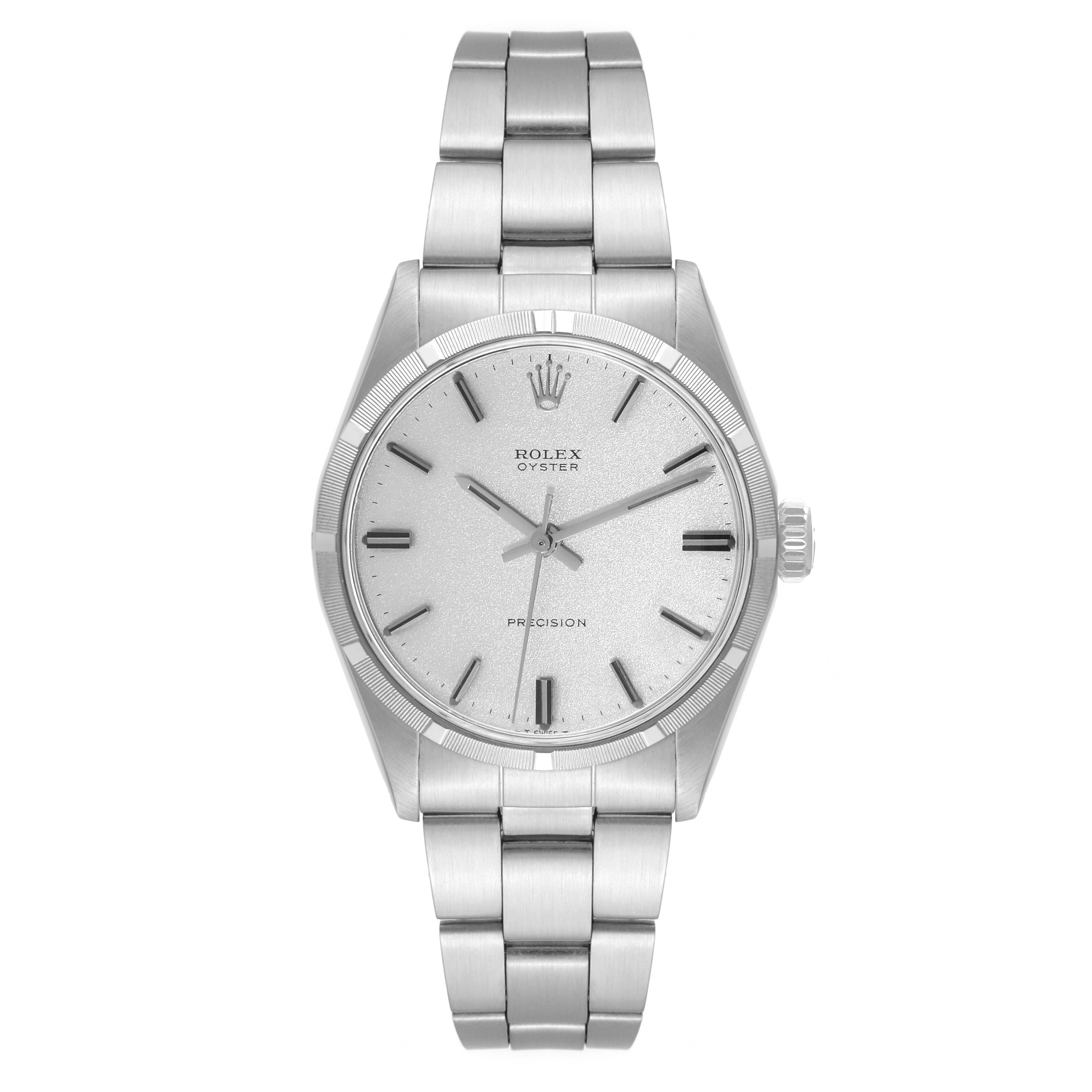 The Rolex Vintage Collection 6427 Men's Stainless Steel Silver Dial watch is shown from a top-down angle, highlighting its face, bezel, and bracelet.