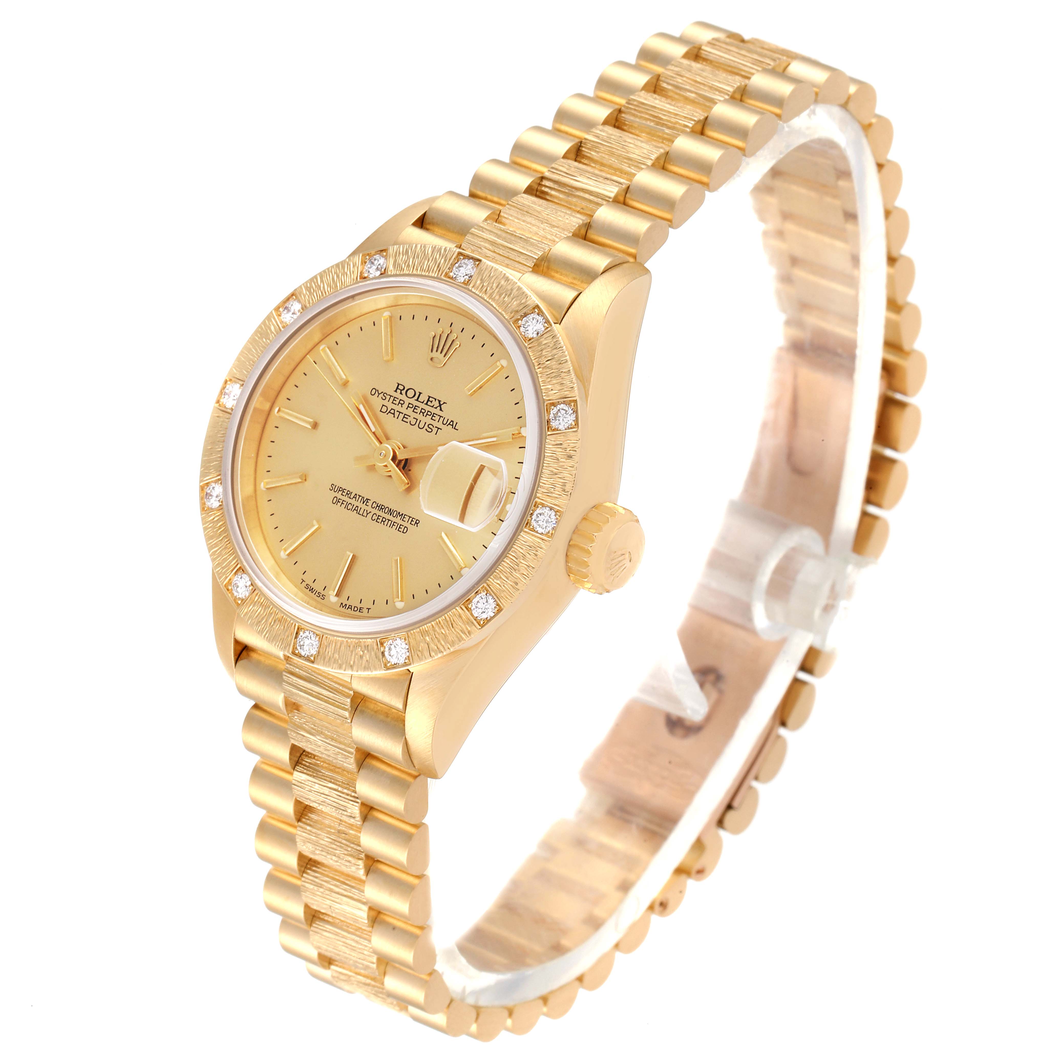The image shows a gold Rolex President 69288 Women
s White Gold Champagne Dial 69288 Women
s White Gold Champagne Dial model watch, angled to display the face, bezel, crown, and bracelet.
