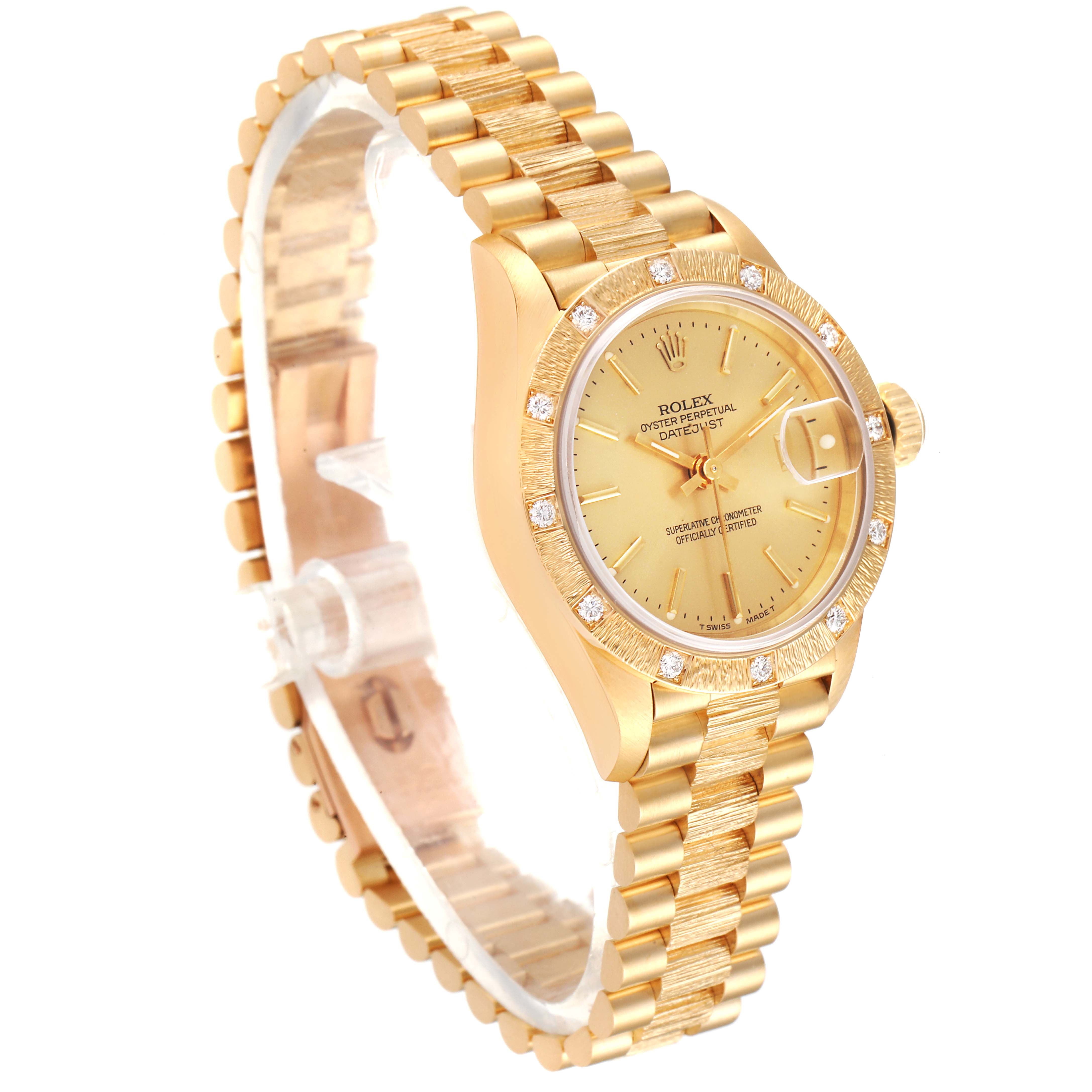 The Rolex President 69288 Women
s White Gold Champagne Dial 69288 Women
s White Gold Champagne Dial model watch is shown at a three-quarter angle, highlighting the bracelet, case, dial, and crown.