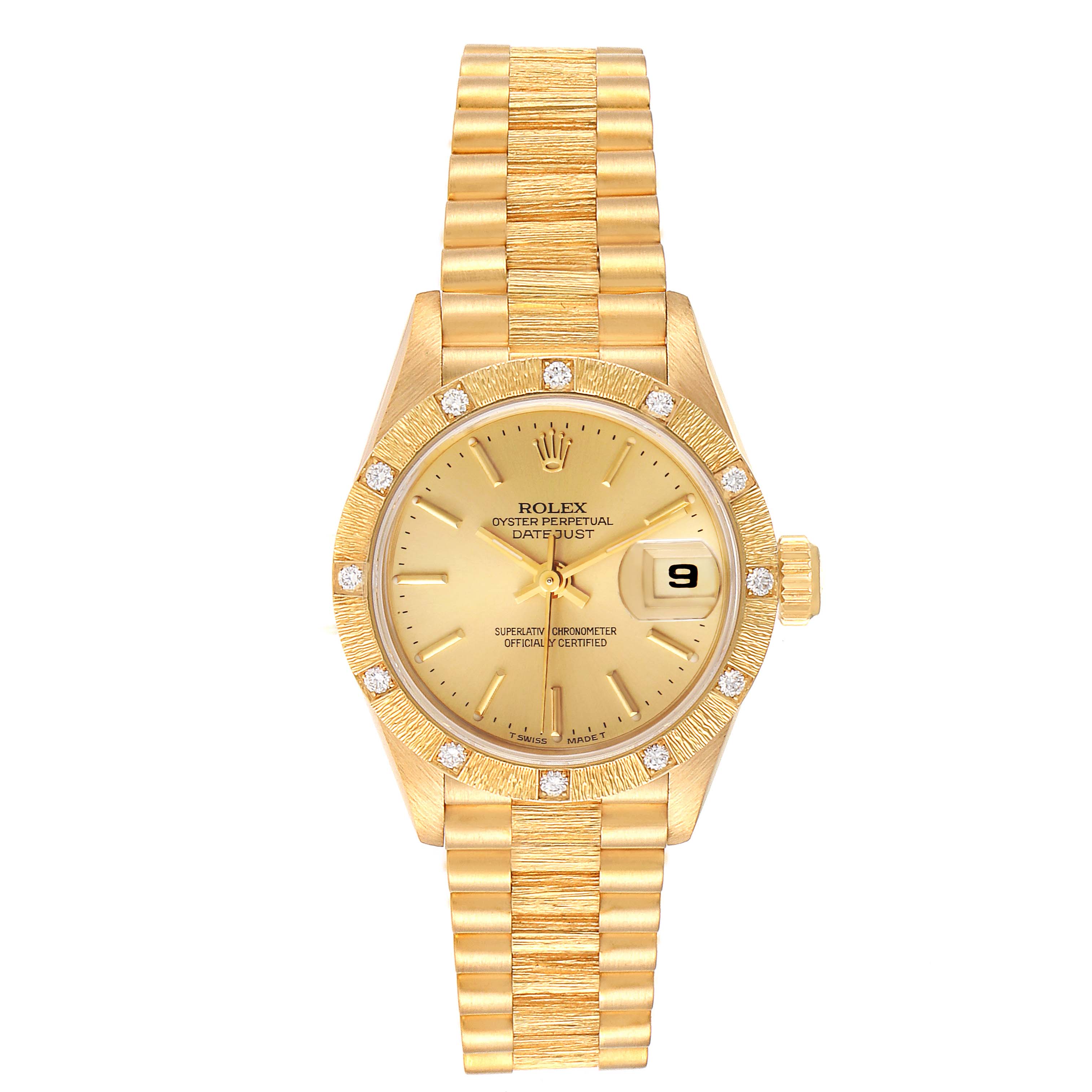 The image shows a front view of a Rolex President 69288 Women
s White Gold Champagne Dial 69288 Women
s White Gold Champagne Dial model watch, highlighting its gold band, face, and diamond-studded bezel.