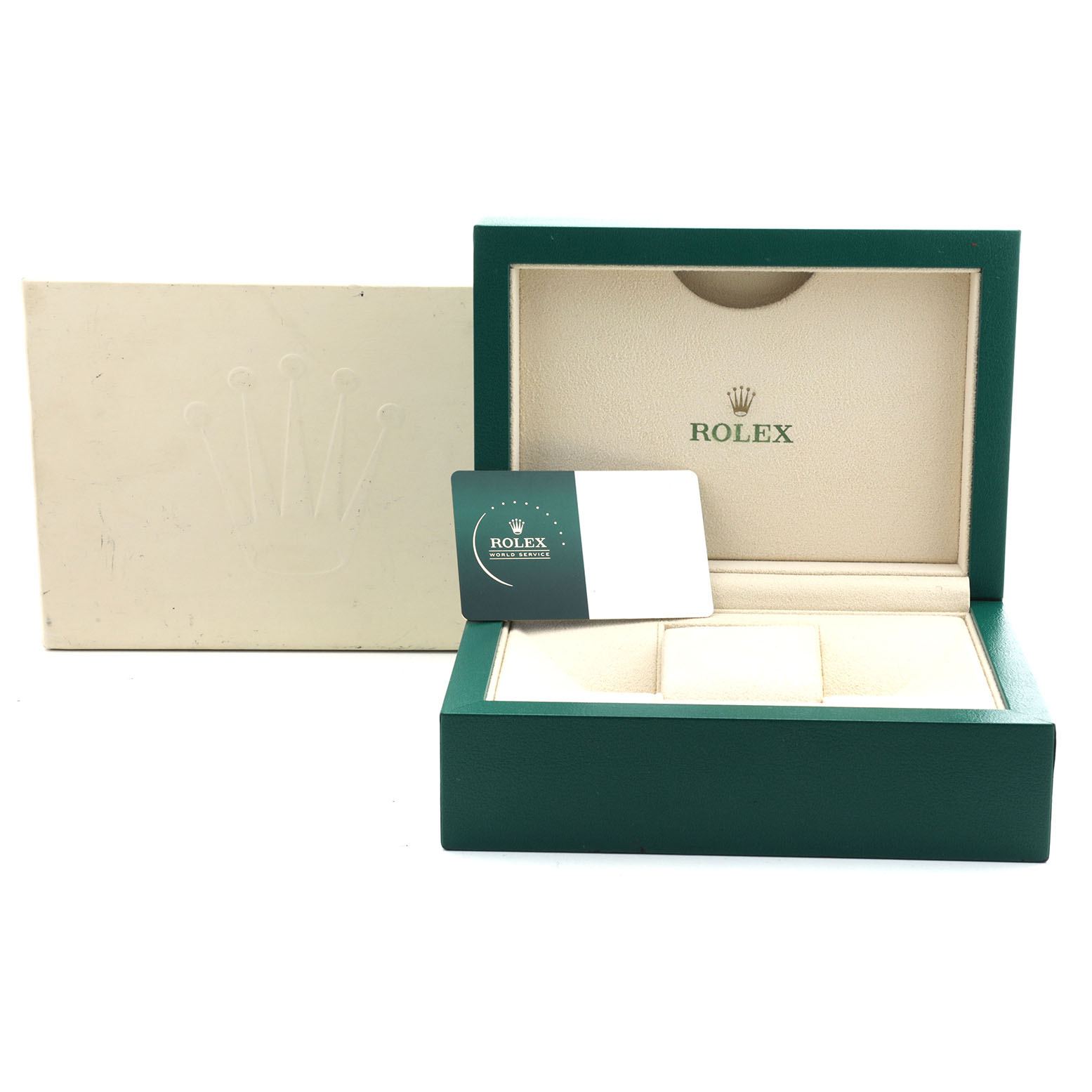 The image shows an open Rolex President 69178 Women's Yellow Gold Champagne Dial watch box with a warranty card, viewed from the front.
