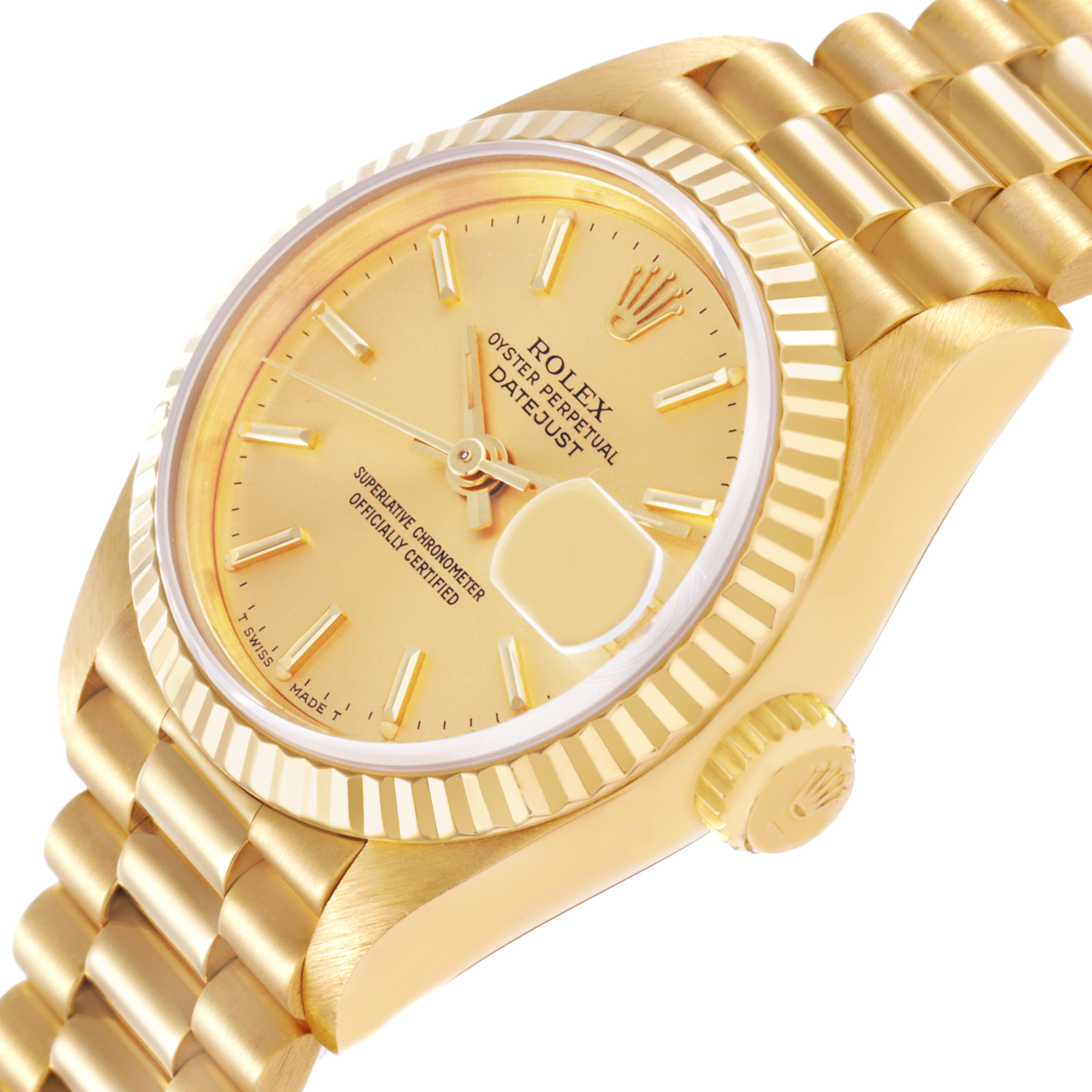 The Rolex President 69178 Women's Yellow Gold Champagne Dial model watch is shown at an angled side view, featuring the dial, bezel, bracelet, and crown.