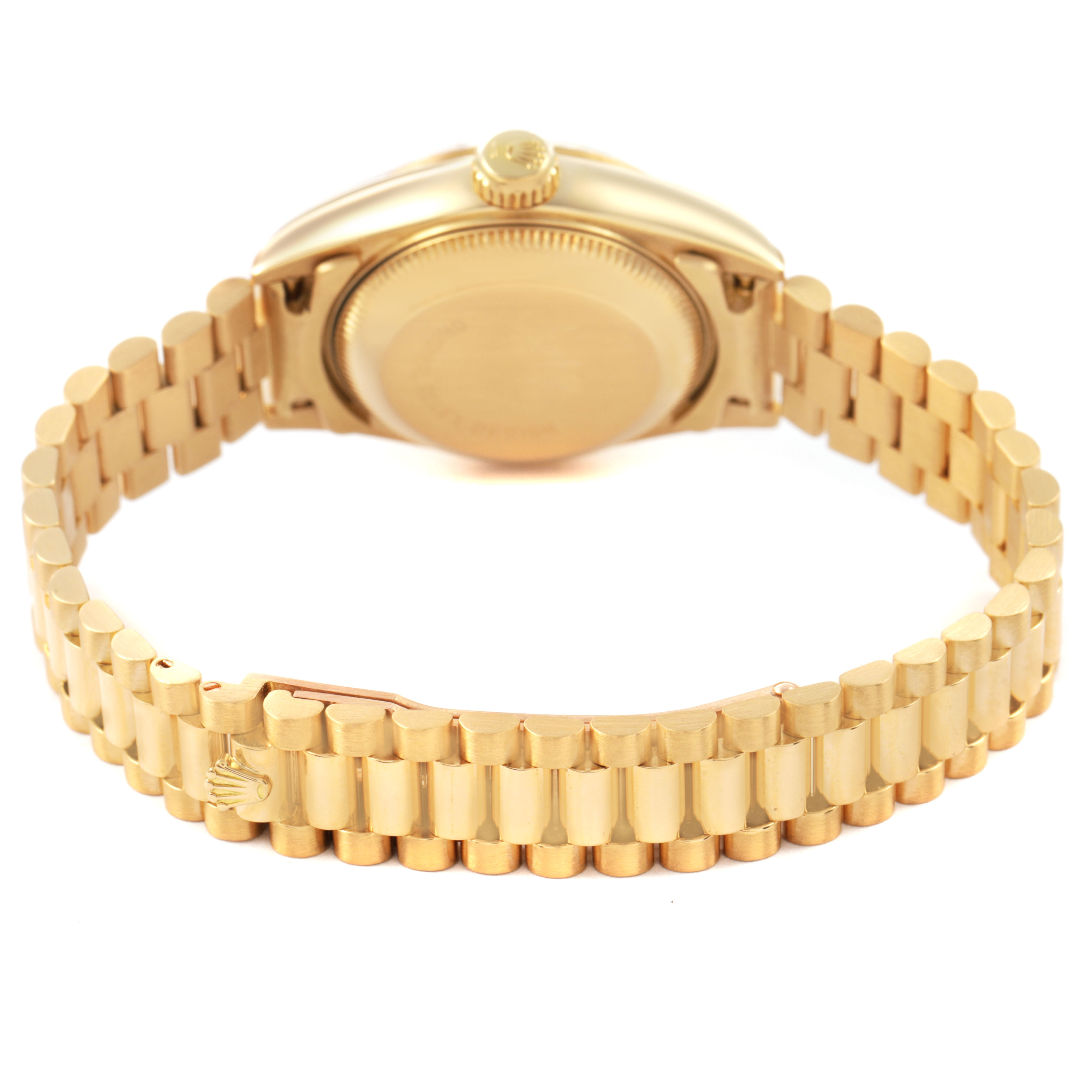 The image shows the back view of a Rolex President 69178 Women's Yellow Gold Champagne Dial model, highlighting the bracelet and case back.