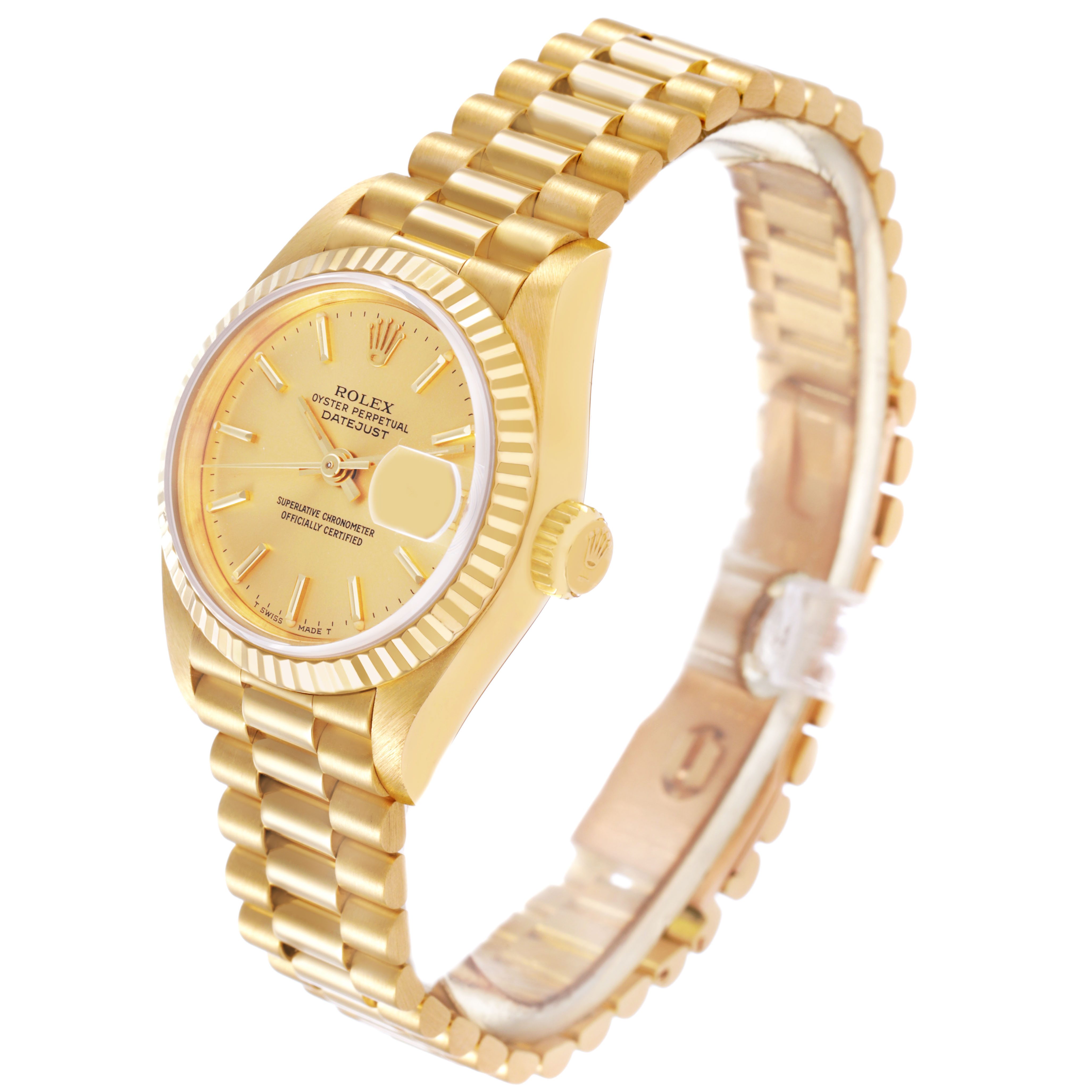 The Rolex President 69178 Women's Yellow Gold Champagne Dial watch is shown at an angled side view, highlighting the dial, fluted bezel, and bracelet.