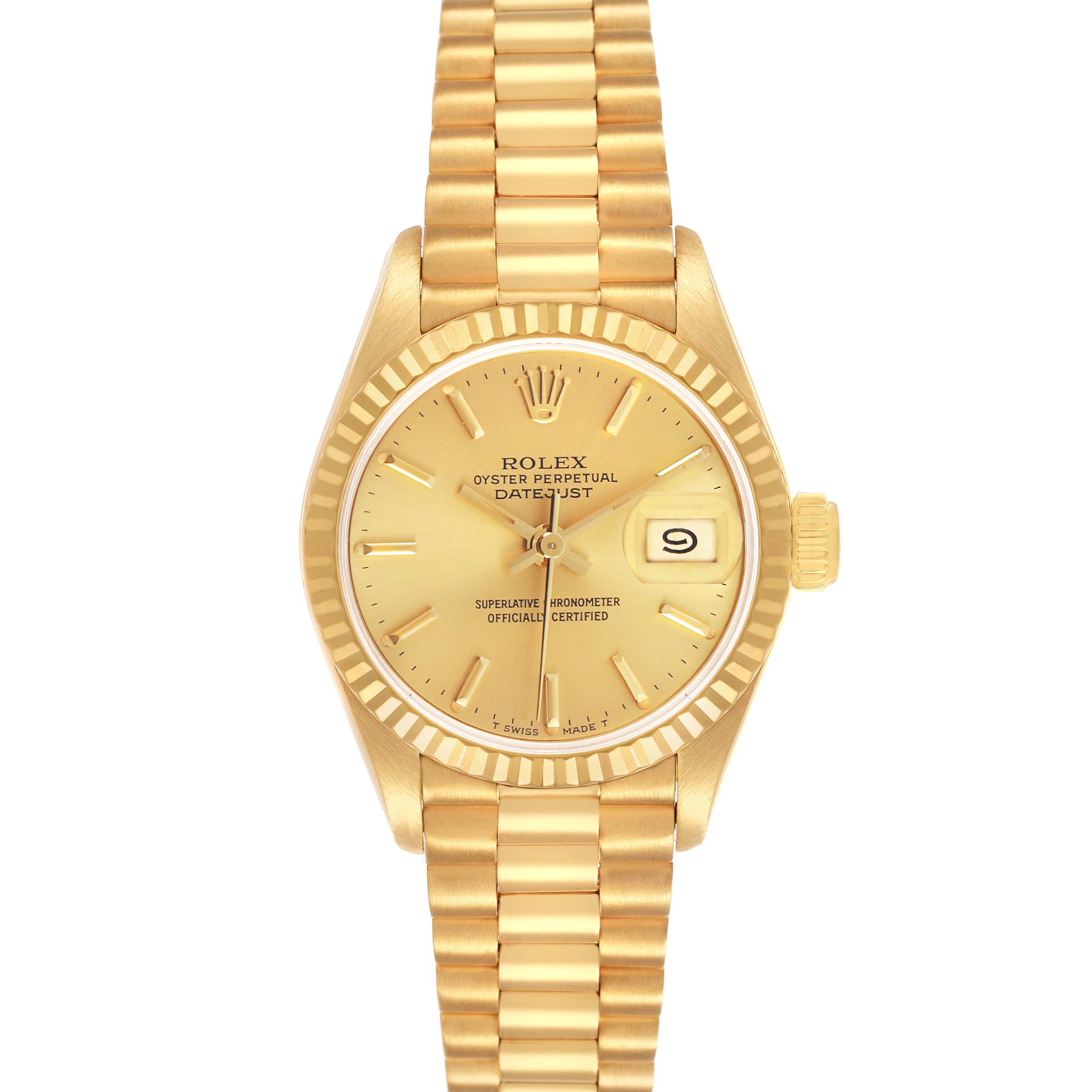 The Rolex President 69178 Women's Yellow Gold Champagne Dial model watch is shown from a top-down angle, displaying its face, bezel, and bracelet.