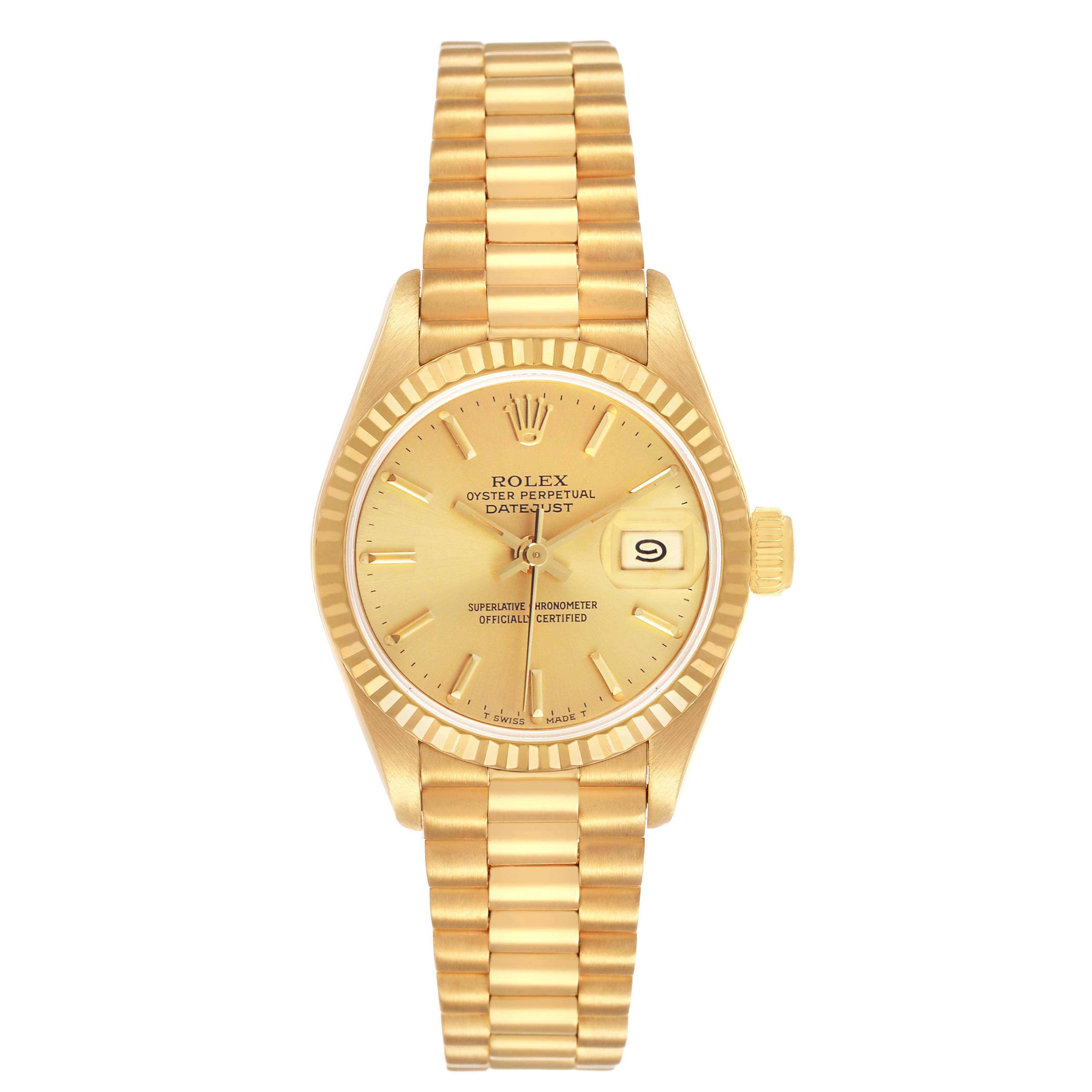 The Rolex President 69178 Women's Yellow Gold Champagne Dial model watch is shown from the front, highlighting the dial, bezel, bracelet, and date window.