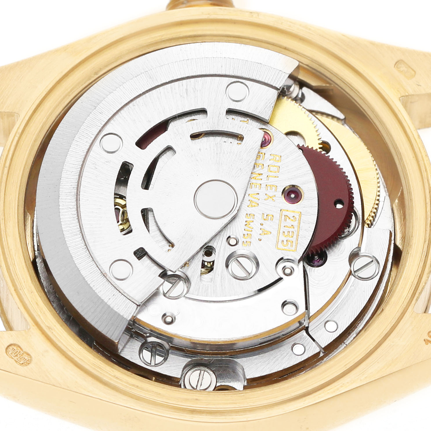 The image shows the movement of the Rolex President 69178 Women's Yellow Gold Champagne Dial model from the back, highlighting gears and mechanical components.