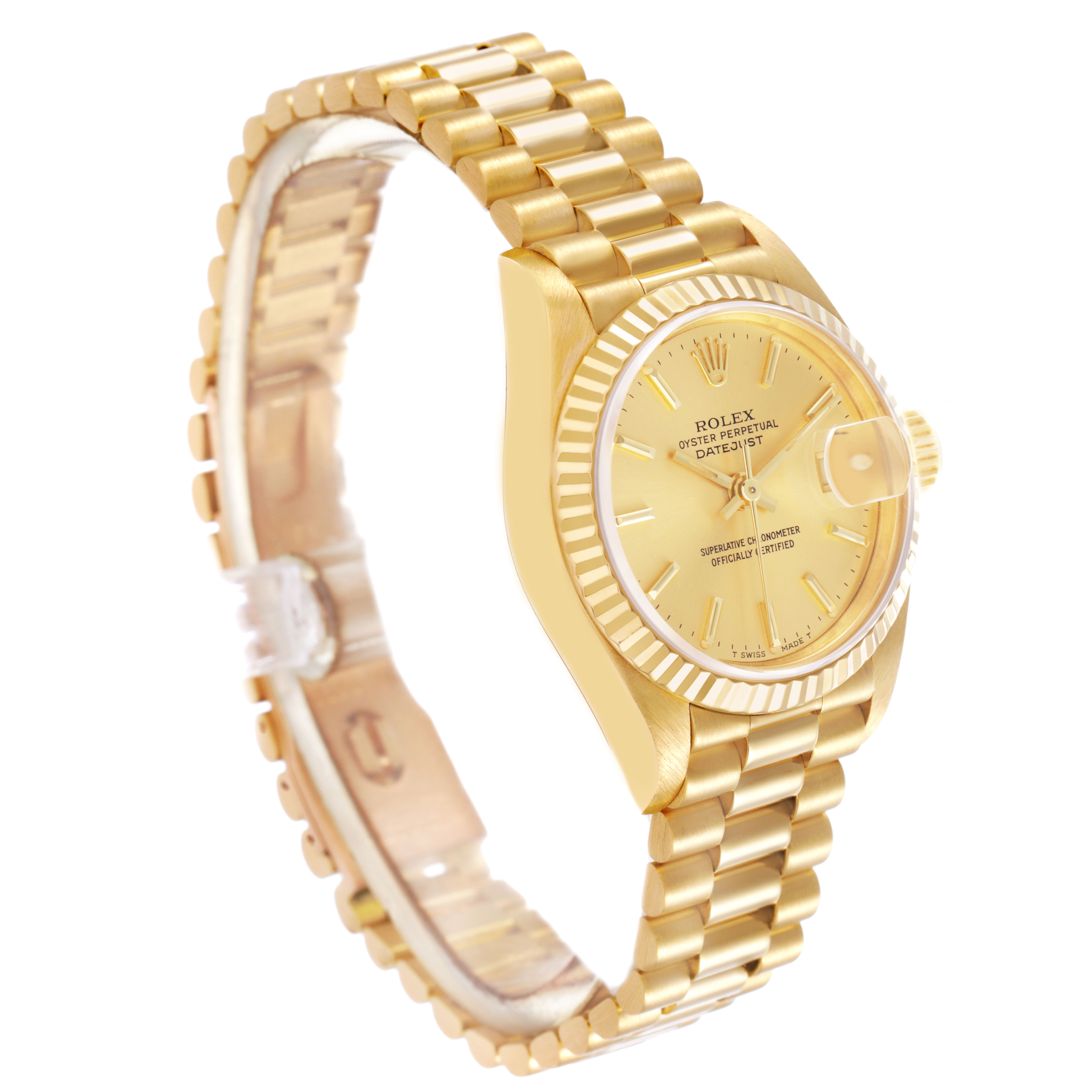The Rolex President 69178 Women's Yellow Gold Champagne Dial watch is shown at a slight angle, highlighting its gold case, fluted bezel, bracelet, and dial.