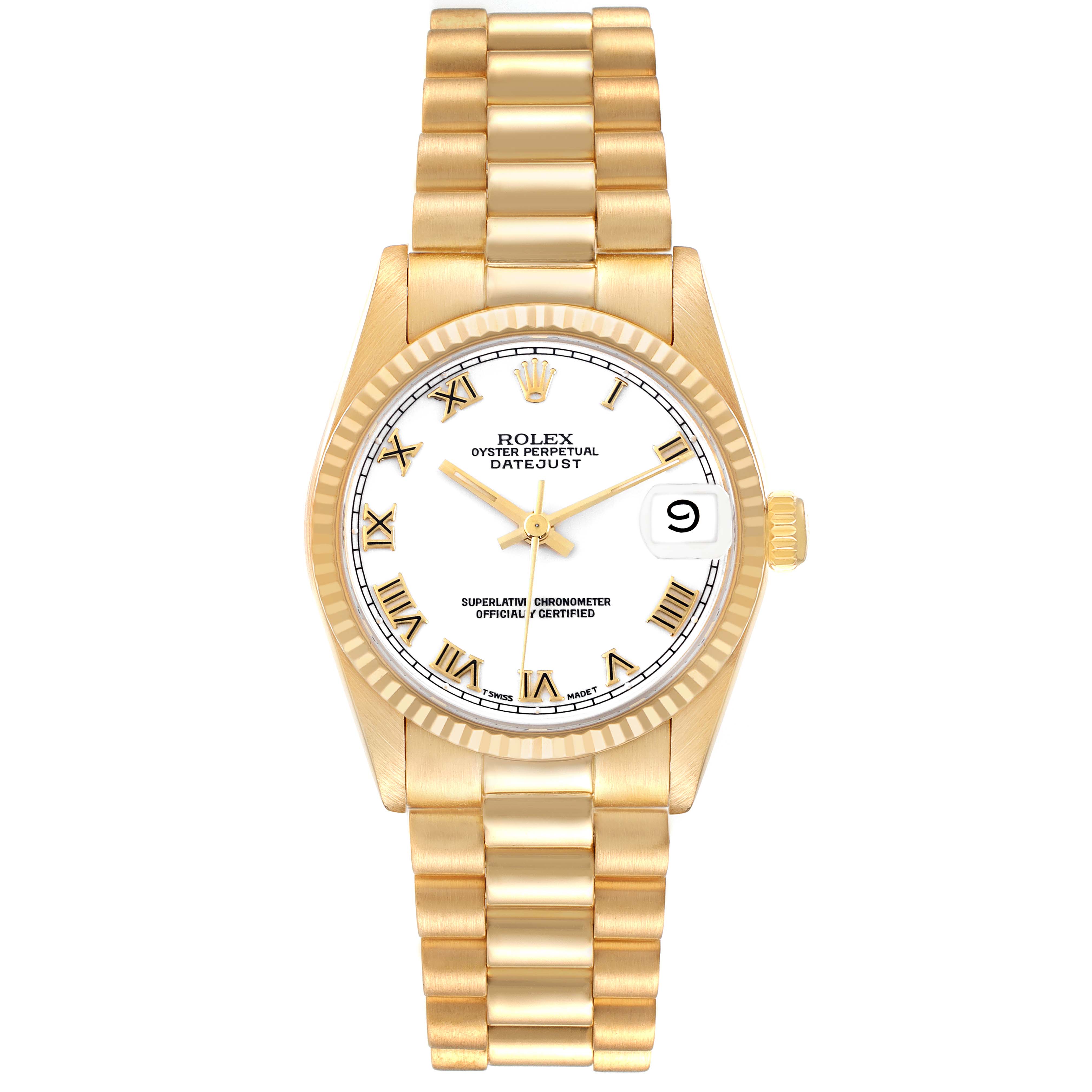 The Rolex President 68278 Women's Yellow Gold White Dial 68278 Women's Yellow Gold White Dial model is shown from a top view, displaying the dial, bezel, crown, and bracelet.