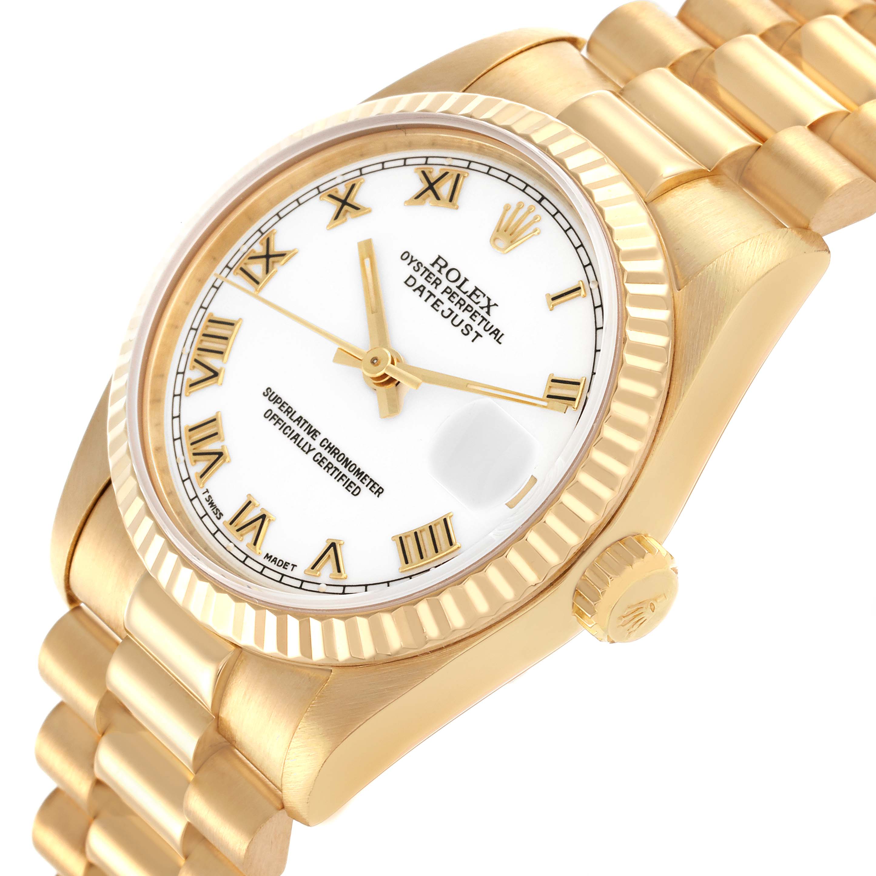 The Rolex President 68278 Women's Yellow Gold White Dial 68278 Women's Yellow Gold White Dial model watch is shown from an angled view, highlighting the dial, bezel, bracelet, and crown.