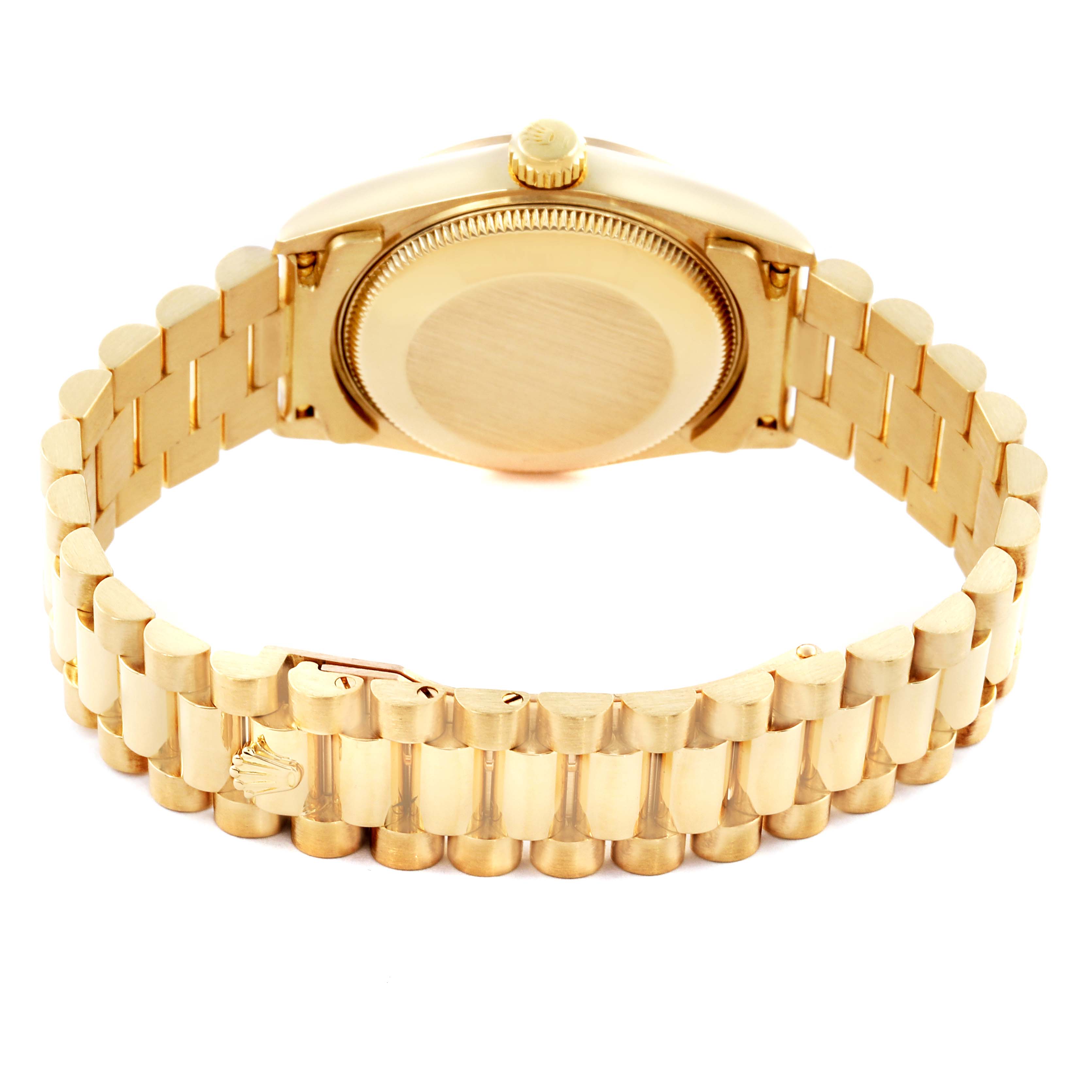 The image shows the back and bracelet of the Rolex President 68278 Women's Yellow Gold White Dial 68278 Women's Yellow Gold White Dial model, highlighting the clasp and case back.
