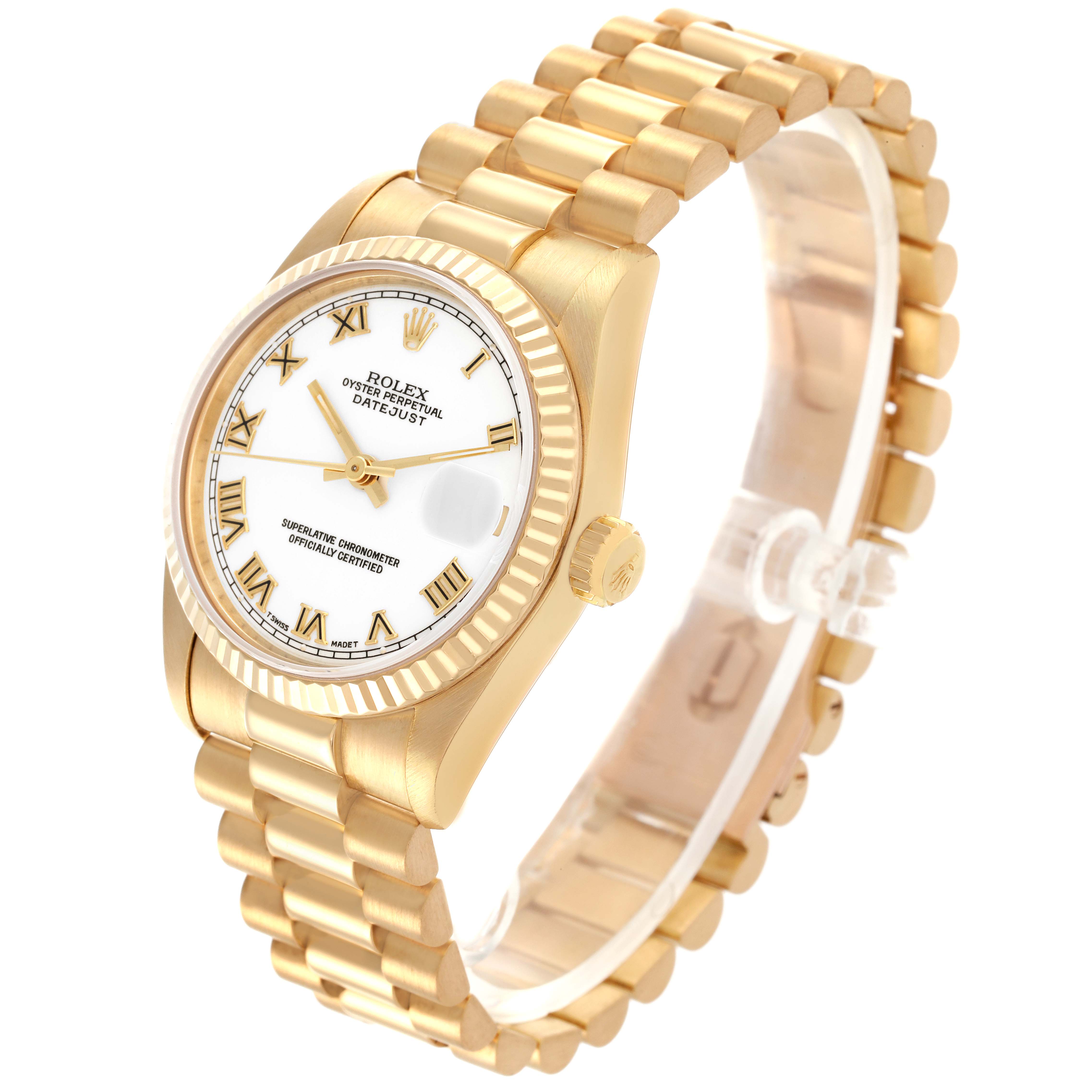 The Rolex President 68278 Women's Yellow Gold White Dial 68278 Women's Yellow Gold White Dial model is shown at a three-quarter angle, highlighting its face, crown, and bracelet.