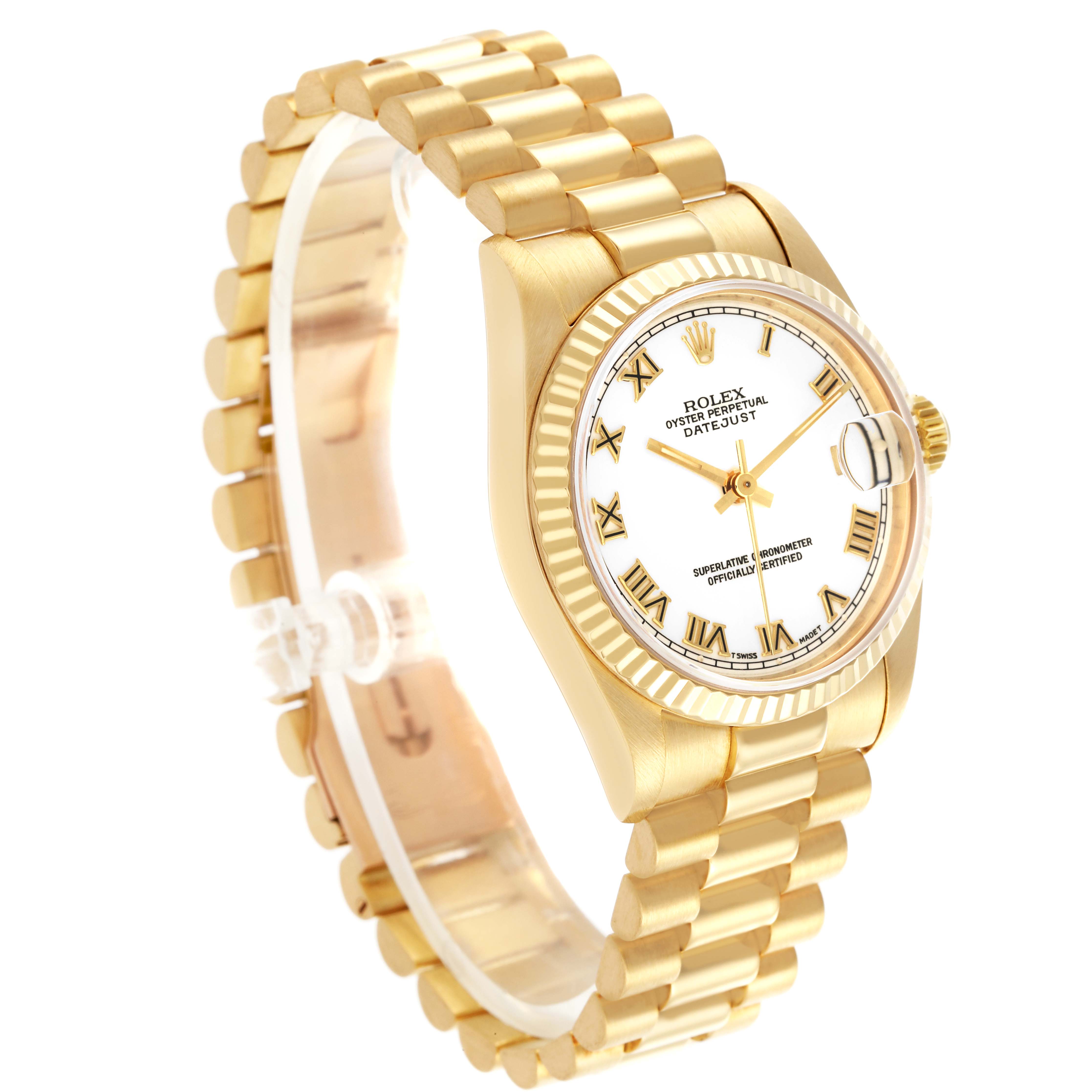 The Rolex President 68278 Women's Yellow Gold White Dial 68278 Women's Yellow Gold White Dial model watch is shown at a three-quarter angle displaying the face, case, and part of the band.
