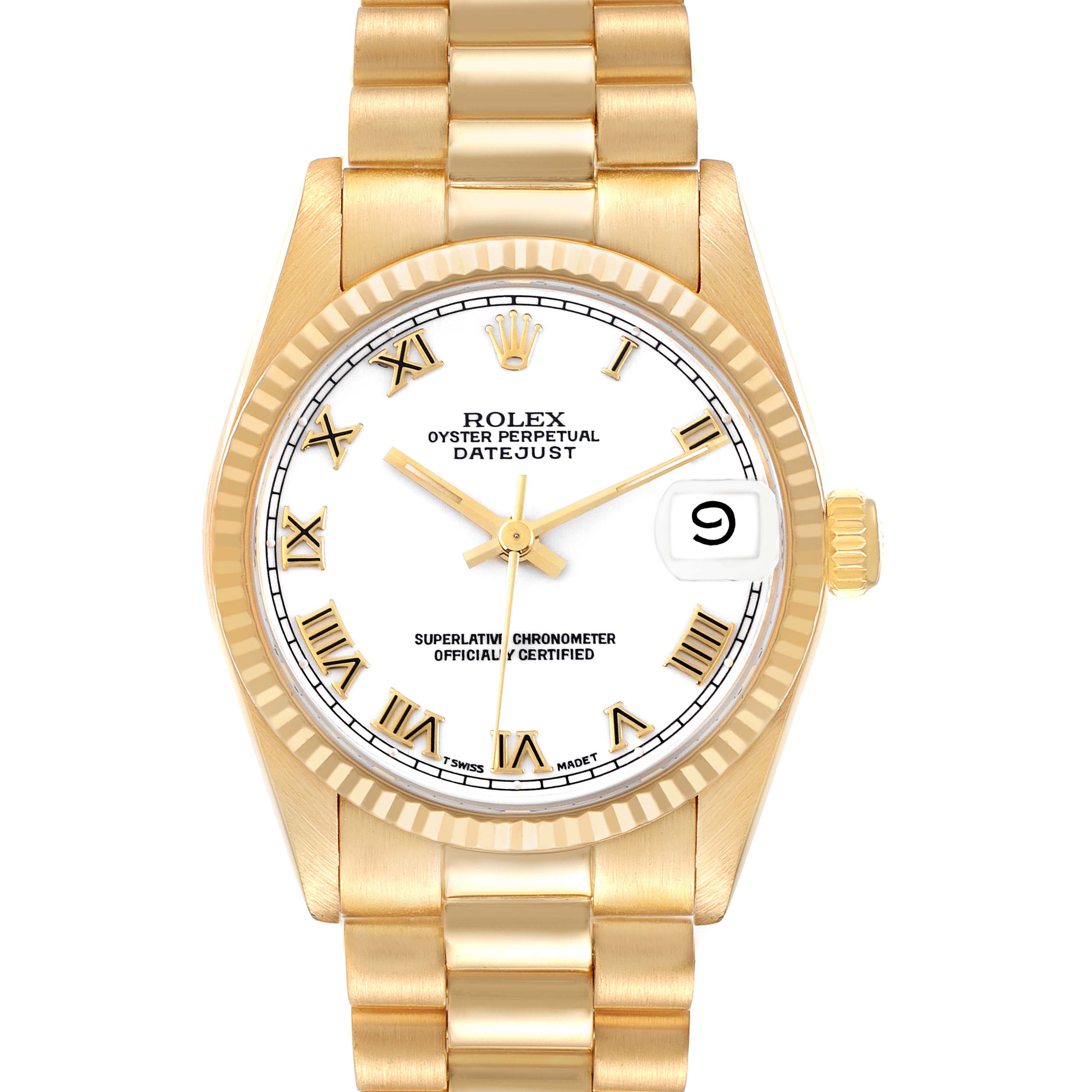 The image shows a front view of the Rolex President 68278 Women's Yellow Gold White Dial 68278 Women's Yellow Gold White Dial model, highlighting the dial, bezel, bracelet, and date feature.