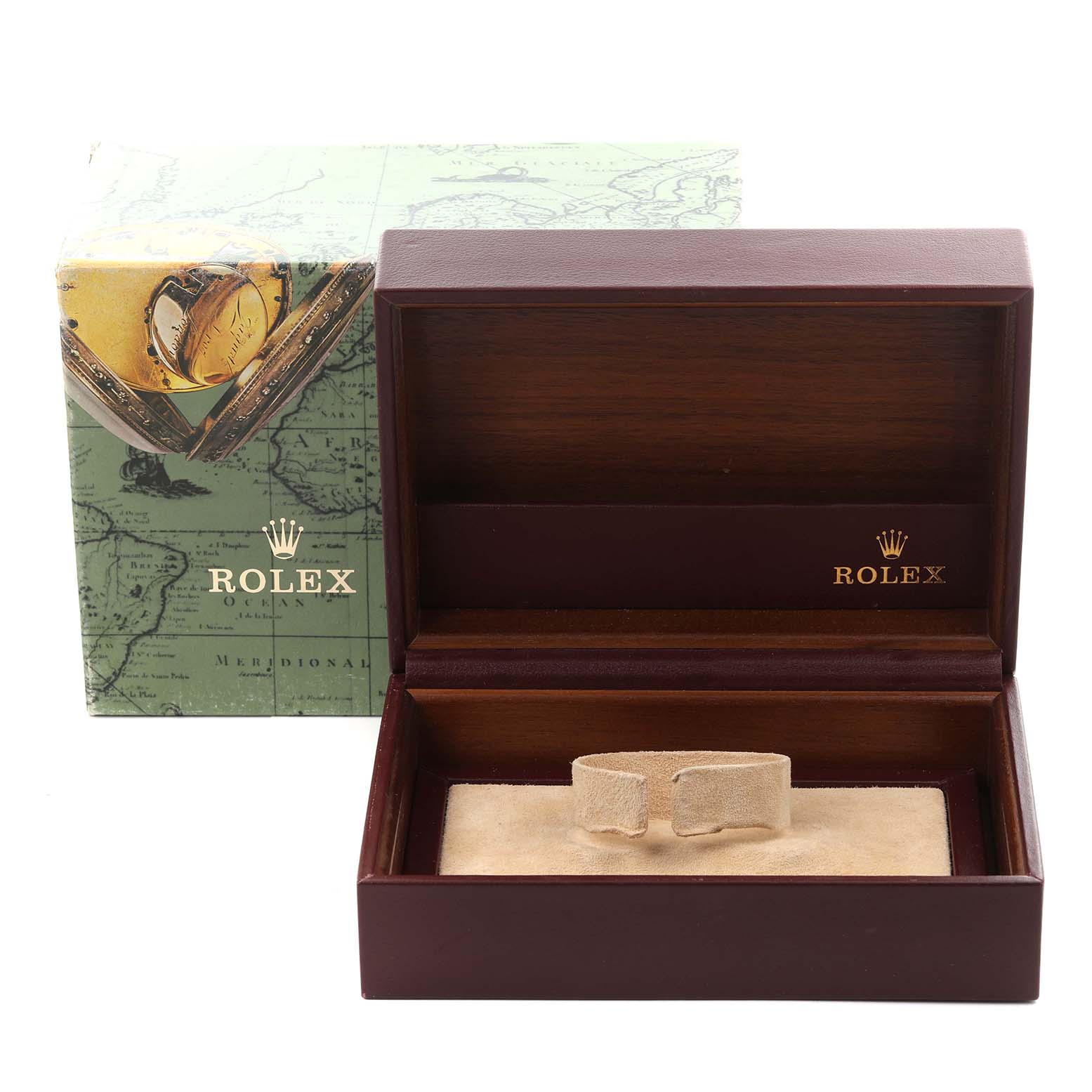 The image shows the Rolex President 68278 Women's Yellow Gold White Dial 68278 Women's Yellow Gold White Dial model watch box and packaging from a frontal angle, with the interior watch holder visible.