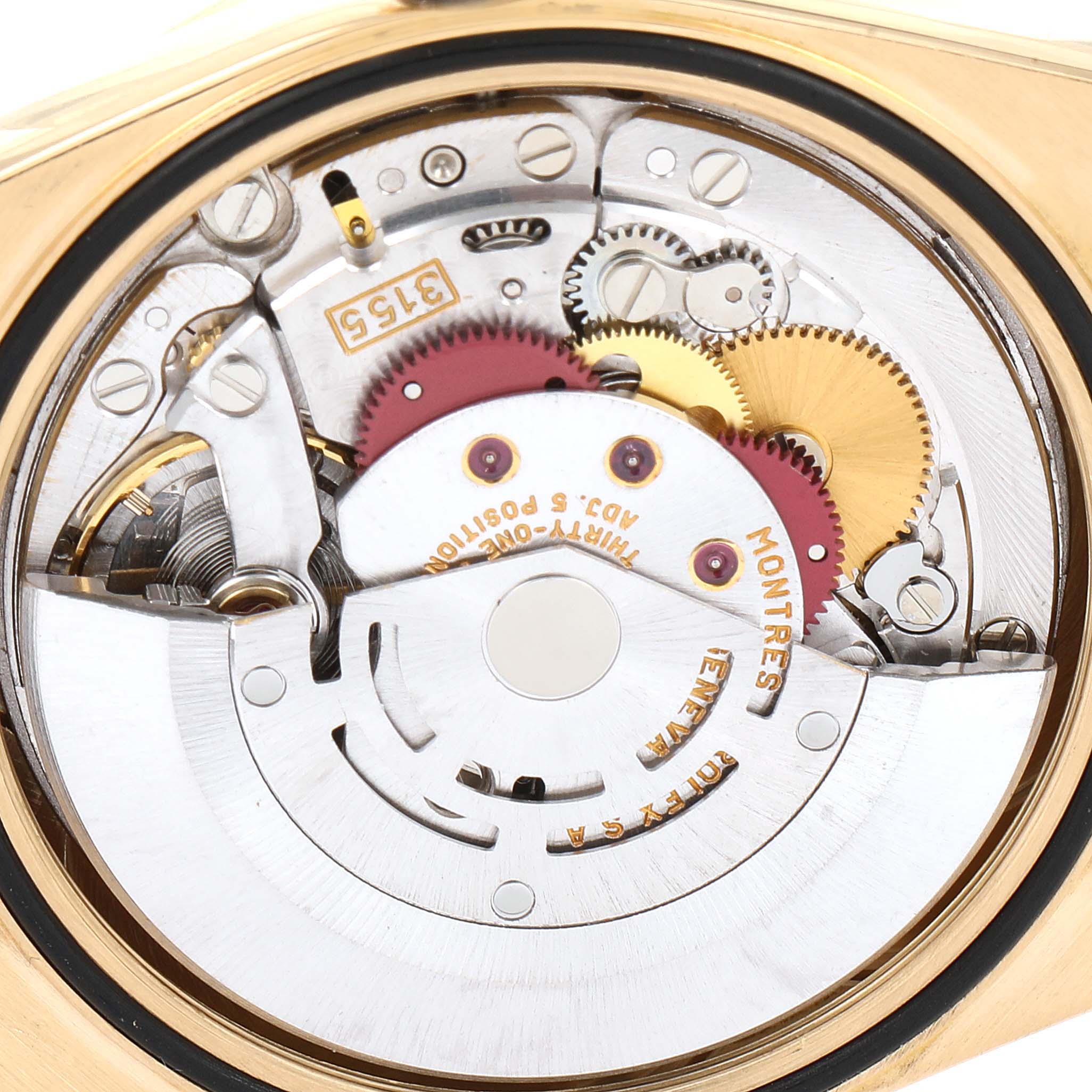 The image shows the intricate movement mechanism of the Rolex President 18238 Men
s Yellow Gold Champagne Dial 18238 Men
s Yellow Gold Champagne Dial model watch viewed from the back.
