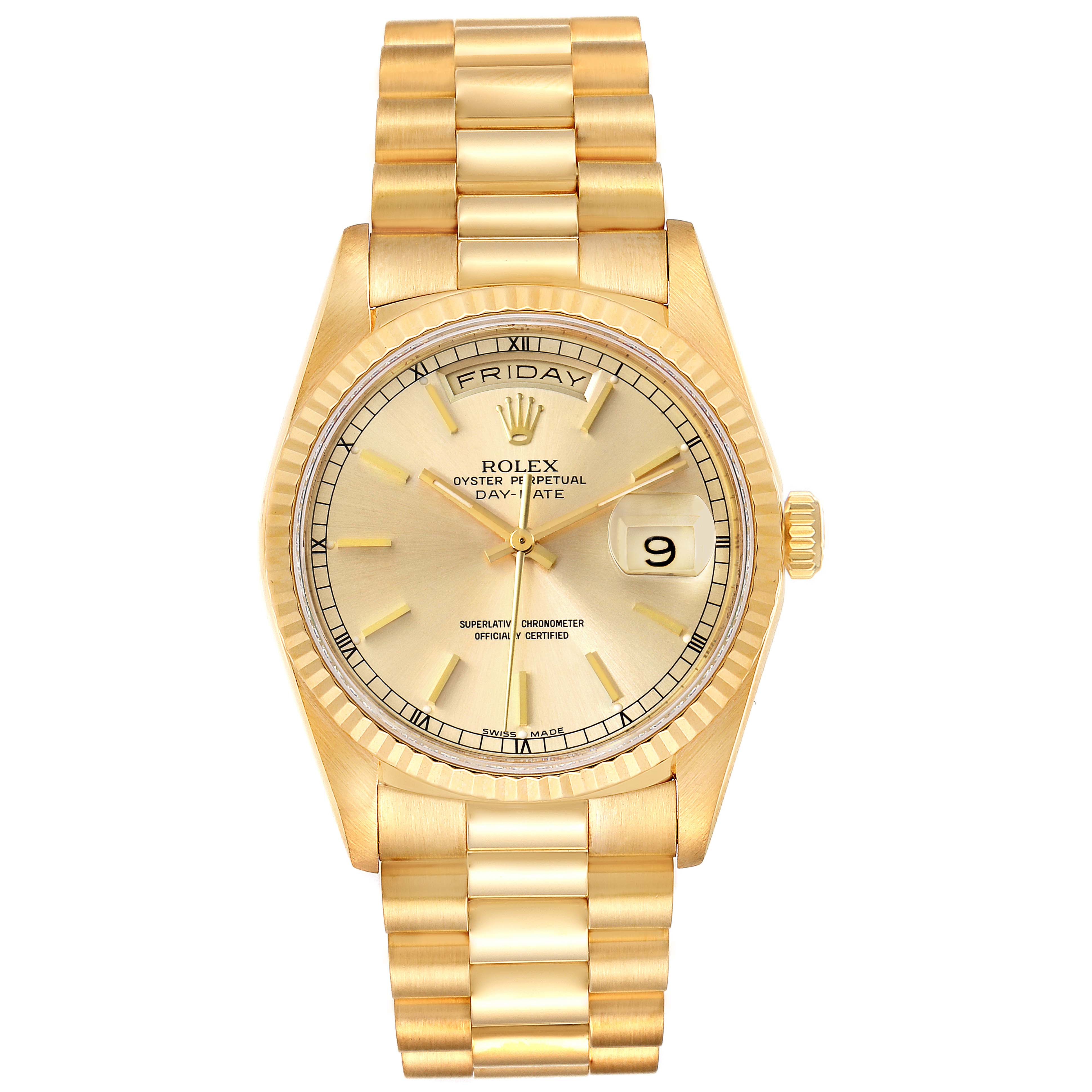 The image shows a frontal view of a Rolex President 18238 Men
s Yellow Gold Champagne Dial 18238 Men
s Yellow Gold Champagne Dial model watch, highlighting the dial, case, bracelet, and day-date features.