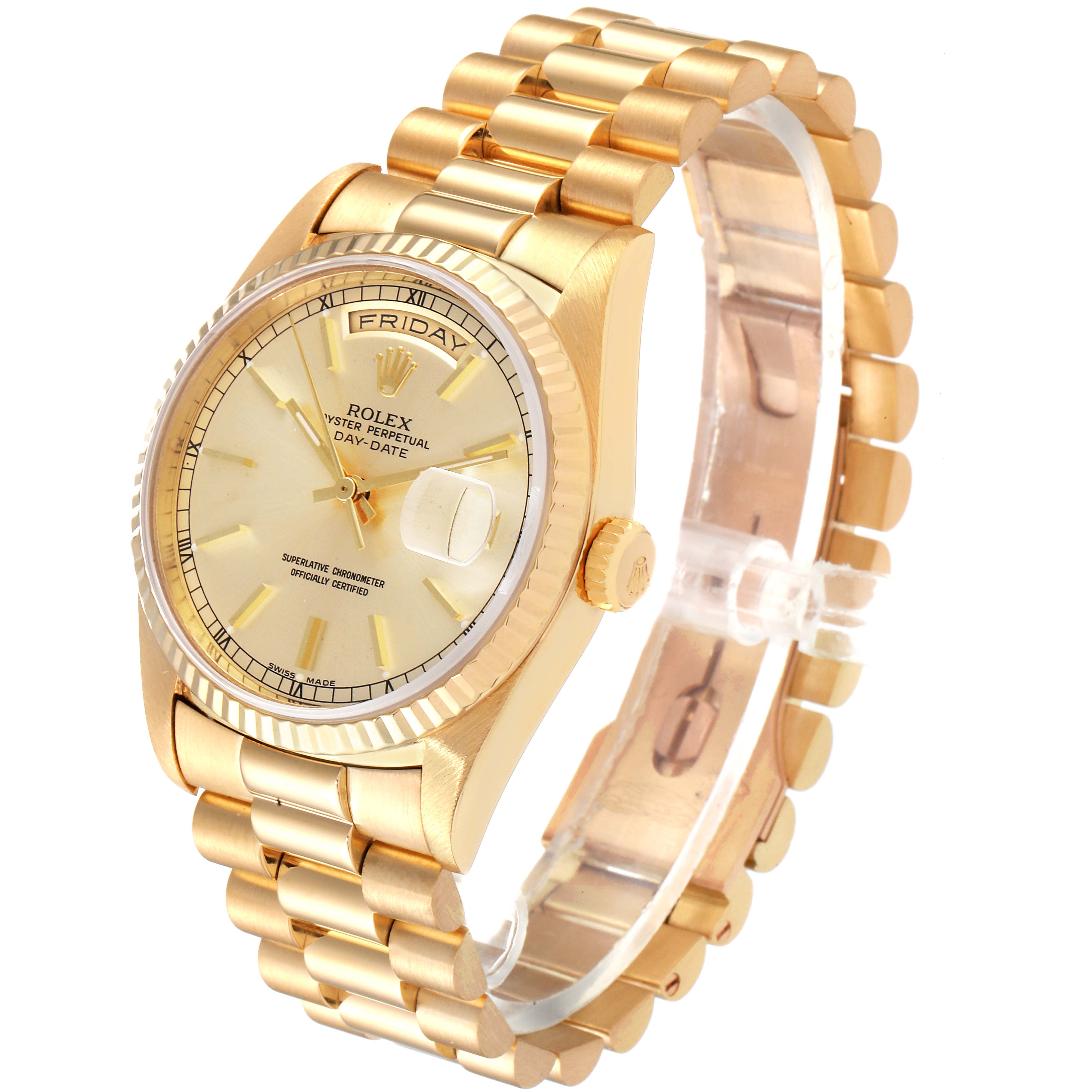 The image shows a Rolex President 18238 Men
s Yellow Gold Champagne Dial 18238 Men
s Yellow Gold Champagne Dial model watch from a three-quarter angle, highlighting the gold body, bracelet, face, and crown.
