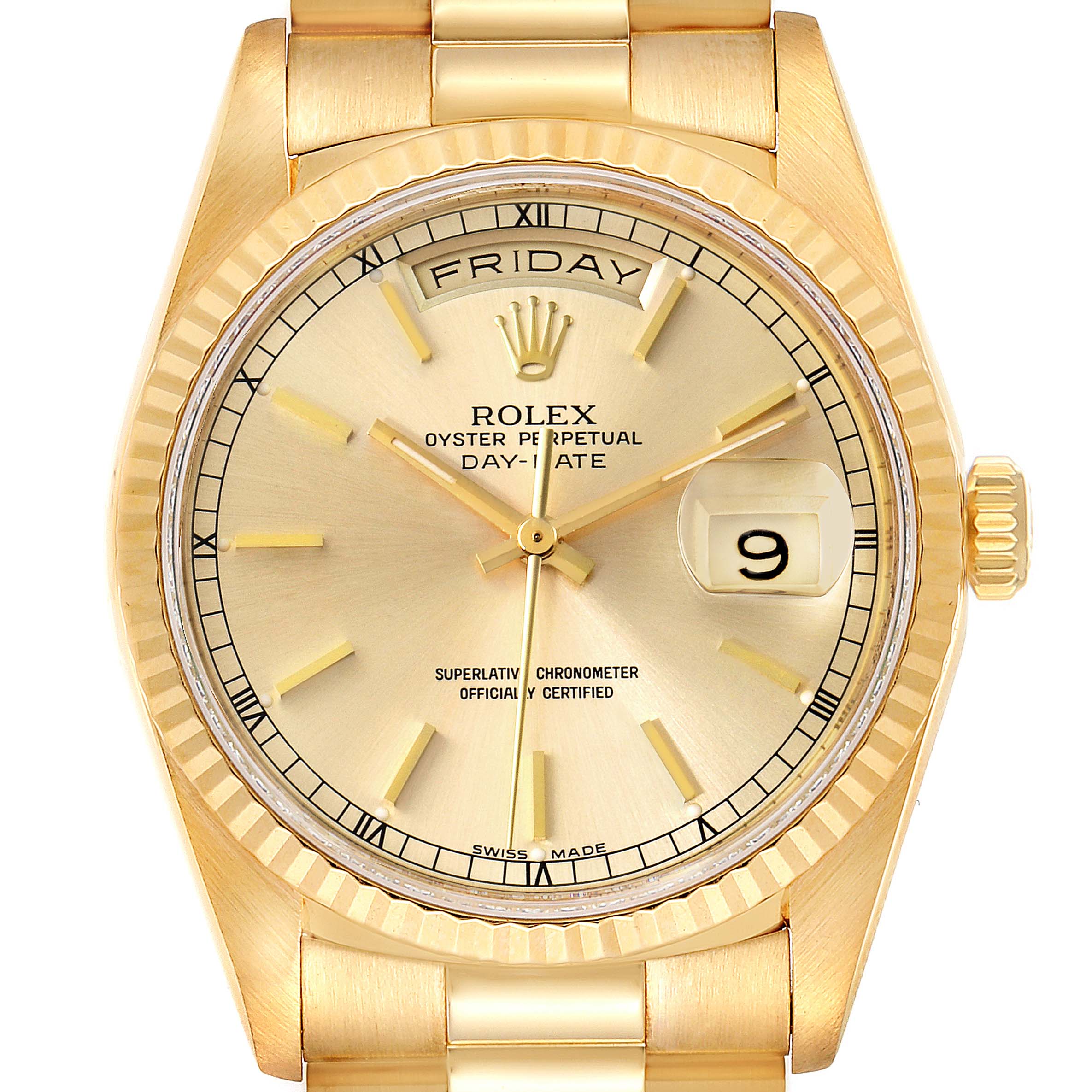 The image shows a frontal view of the Rolex President 18238 Men
s Yellow Gold Champagne Dial 18238 Men
s Yellow Gold Champagne Dial model watch, showcasing its dial, hands, date, and day display.
