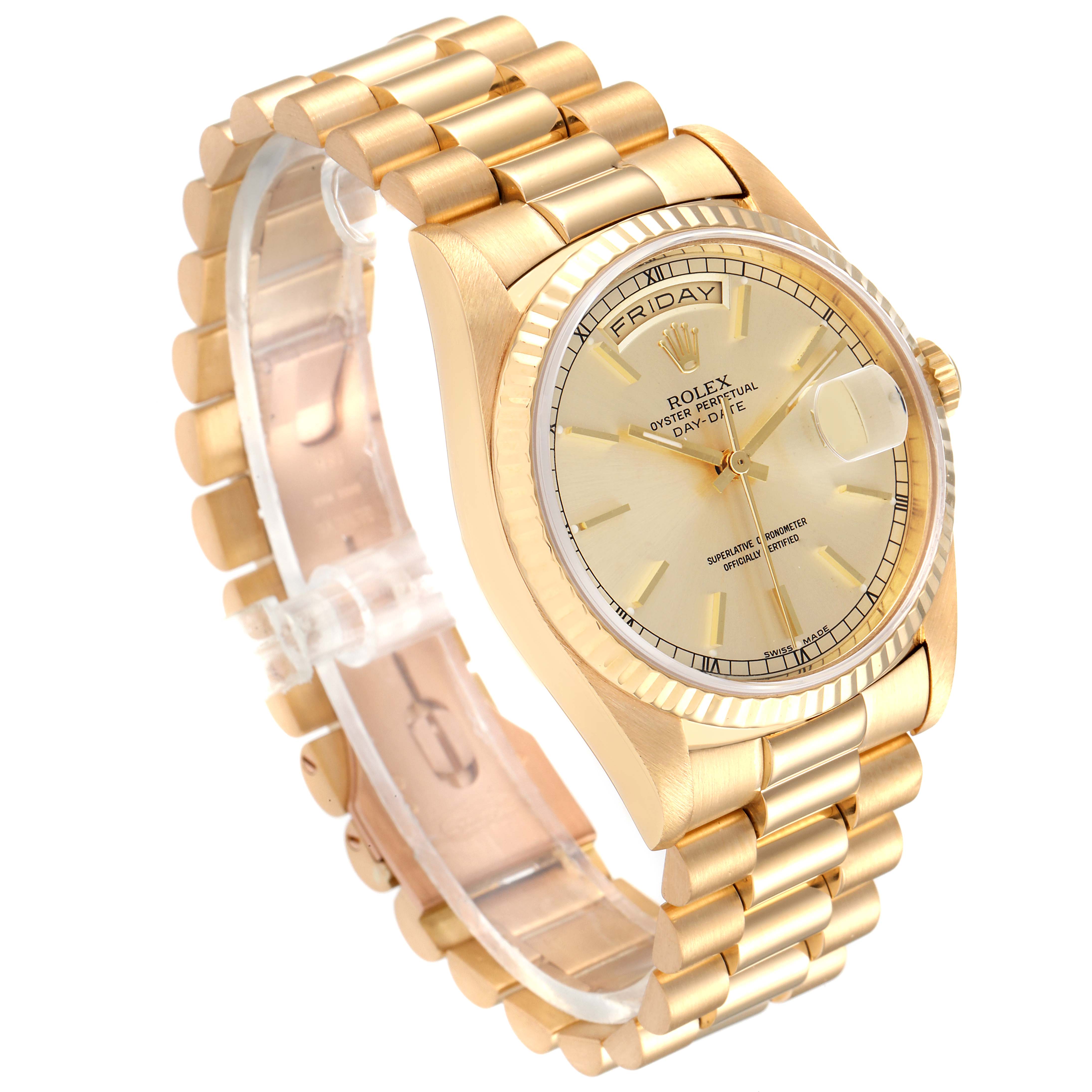 The image shows a gold Rolex President 18238 Men
s Yellow Gold Champagne Dial 18238 Men
s Yellow Gold Champagne Dial watch, featuring the bracelet, case, bezel, dial, and day-date display at an angled view.