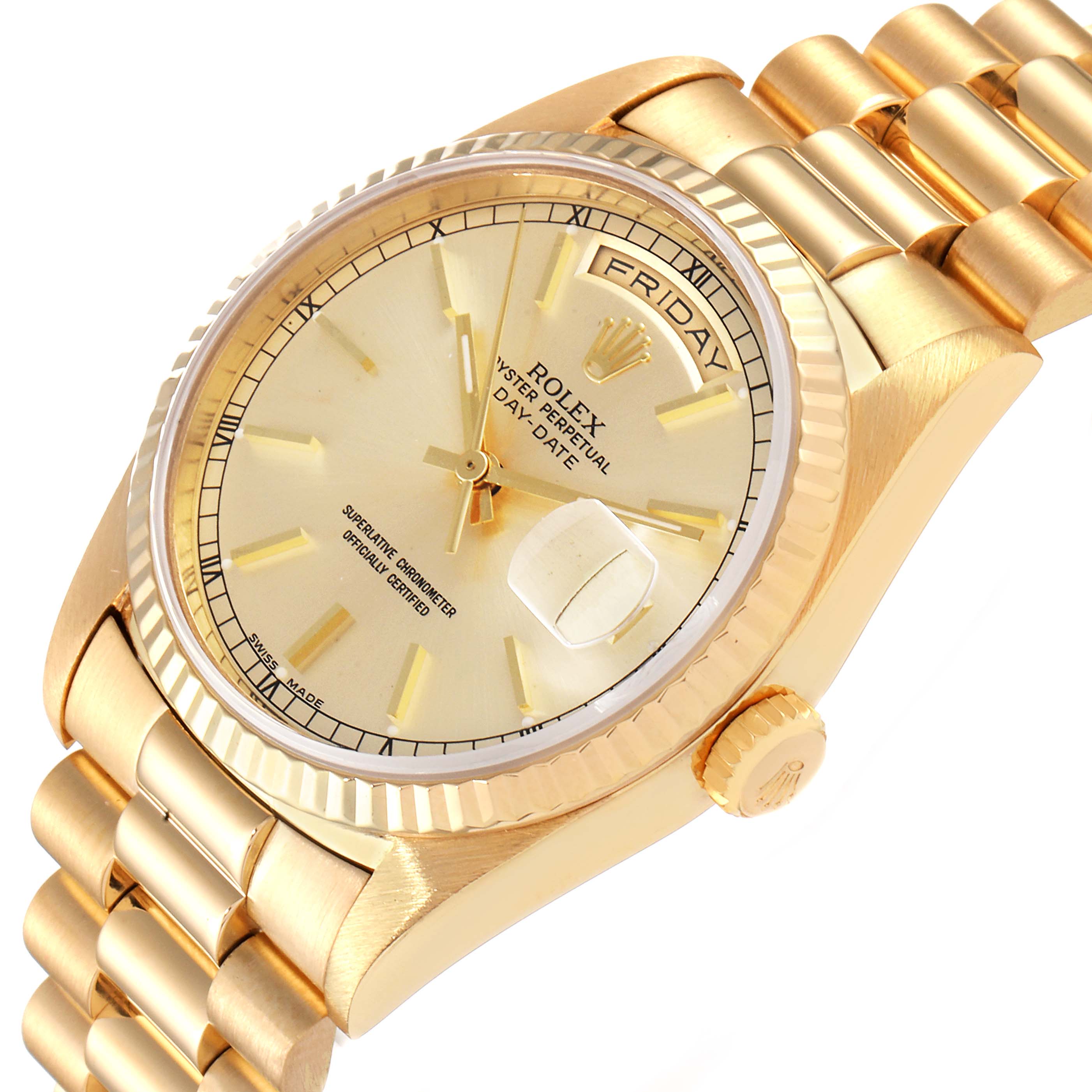 This image shows a Rolex President 18238 Men
s Yellow Gold Champagne Dial 18238 Men
s Yellow Gold Champagne Dial model watch in a close-up angle, highlighting the dial, bracelet, and crown.