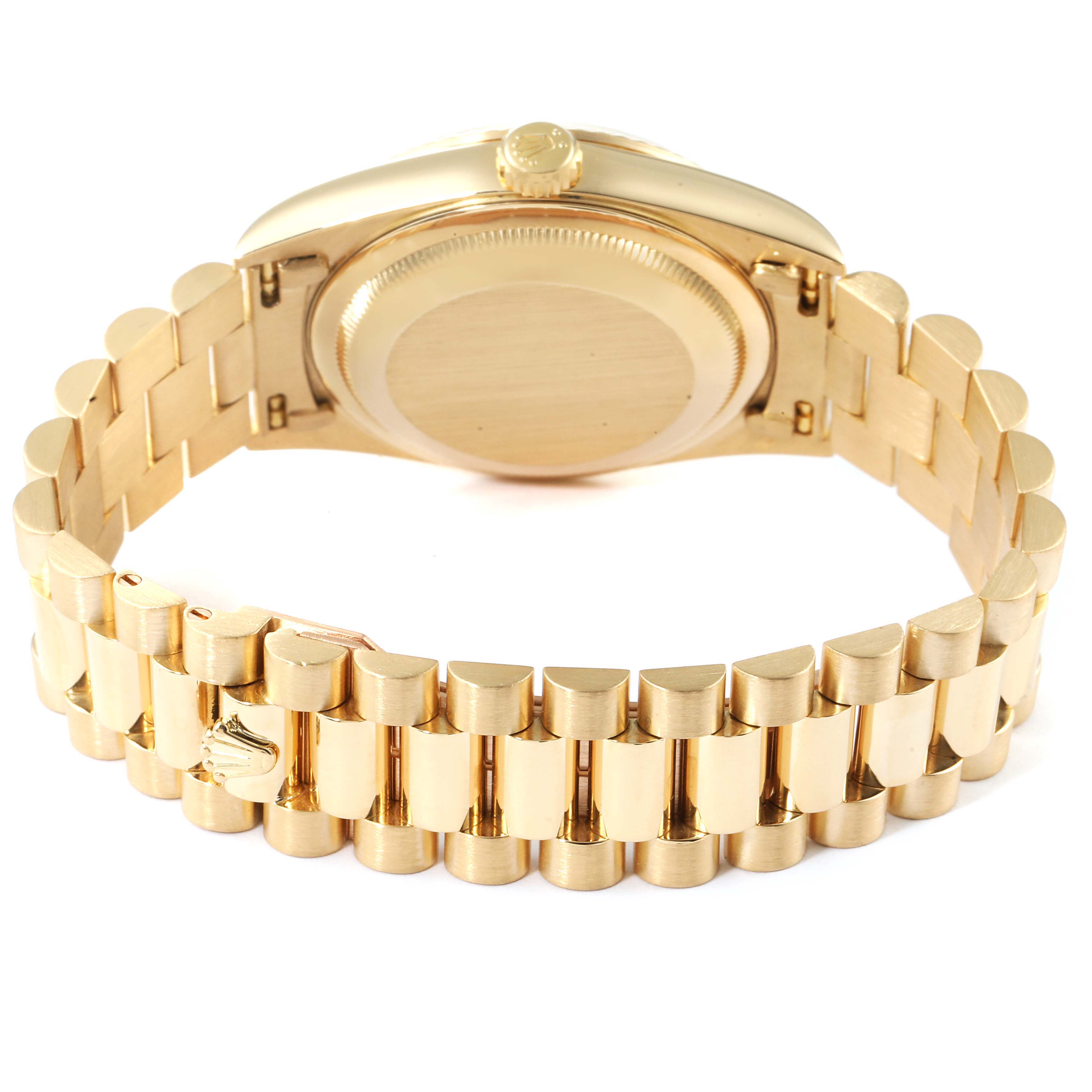 The image shows the back of the Rolex President 18238 Men
s Yellow Gold Champagne Dial 18238 Men
s Yellow Gold Champagne Dial model watch, highlighting its gold bracelet and case back.