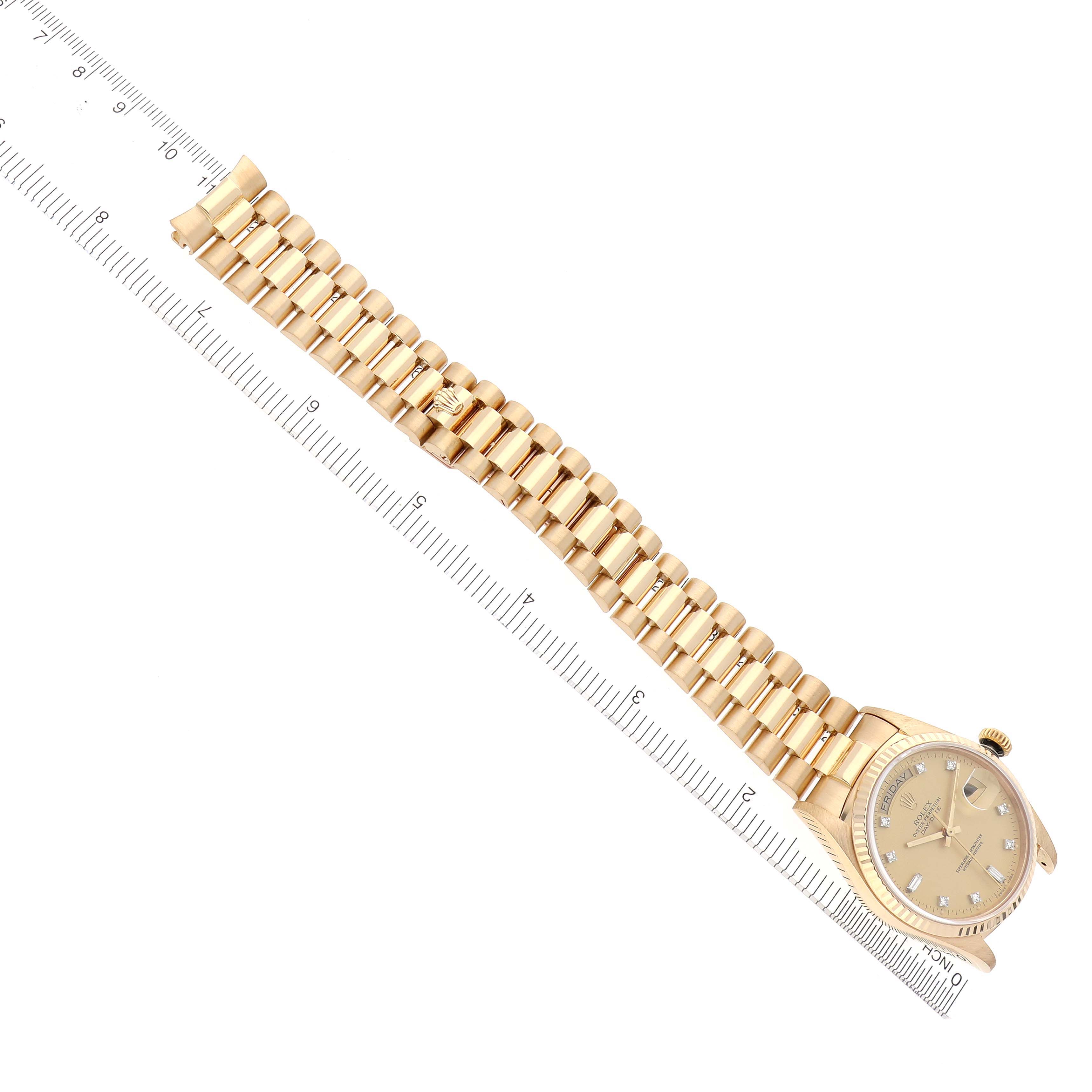 The image shows a Rolex President 18038 Men
s Yellow Gold Champagne Dial 18038 Men
s Yellow Gold Champagne Dial model, angled to display the watch face and entire bracelet alongside a ruler for scale.