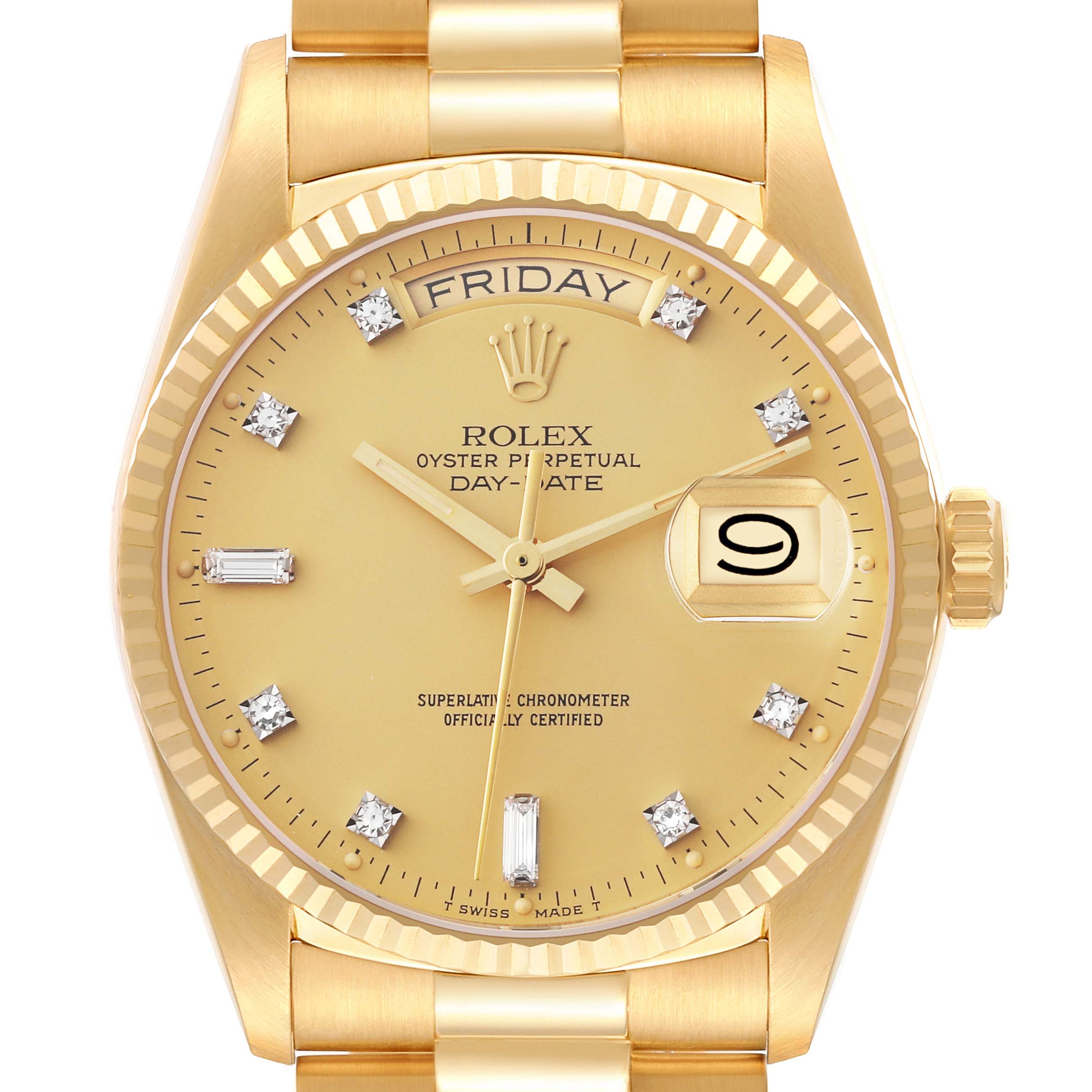 The Rolex President 18038 Men
s Yellow Gold Champagne Dial 18038 Men
s Yellow Gold Champagne Dial model is shown from the front, displaying its dial, bezel, and part of the bracelet.
